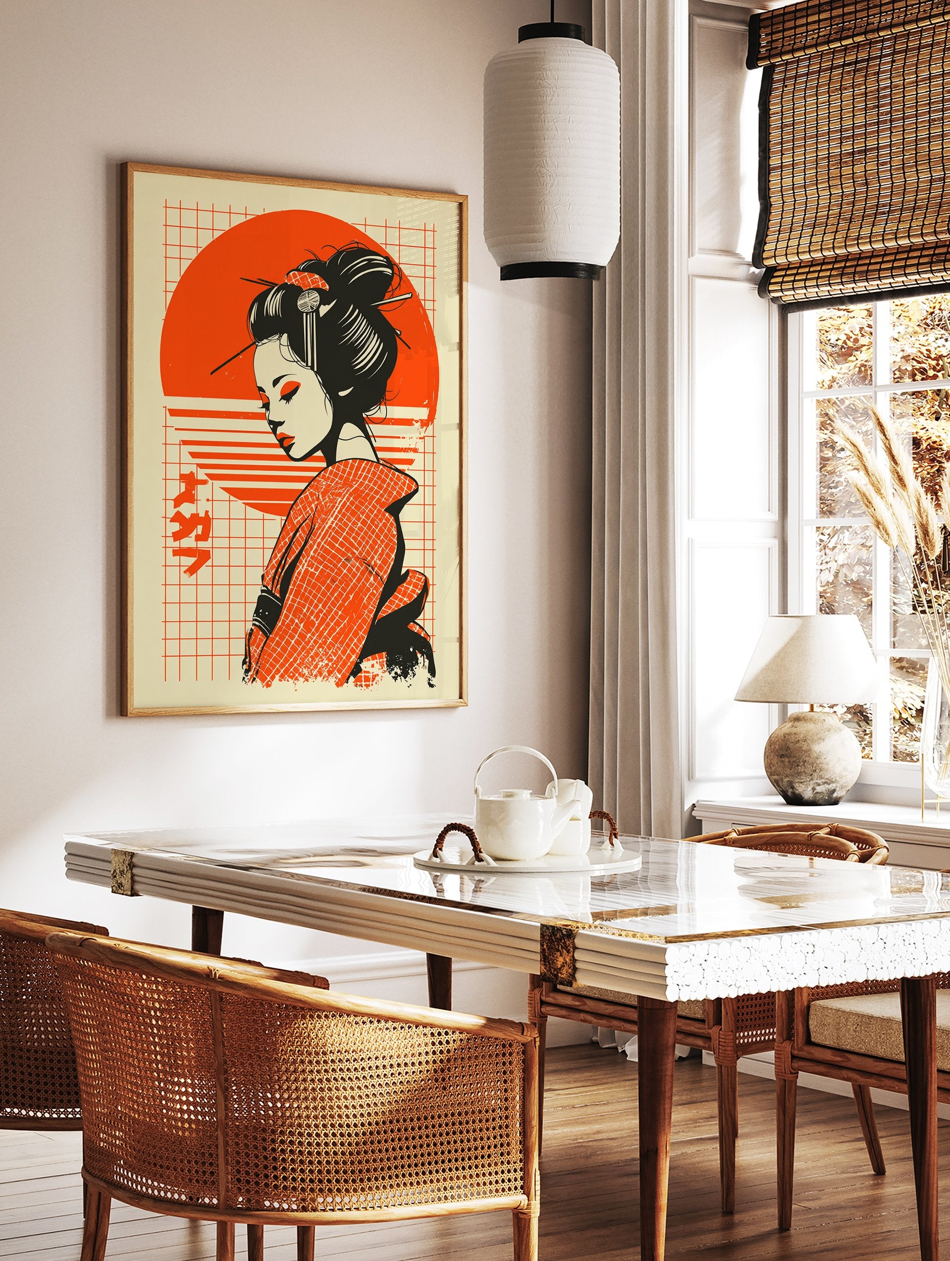 Japanese Wall Art featuring a geisha illustration with black hair, red makeup, and a red sun on a grid background. - Image 3