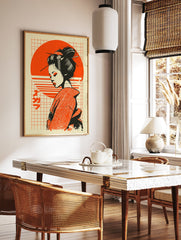 Japanese Wall Art featuring a geisha illustration with black hair, red makeup, and a red sun on a grid background. - Image 3