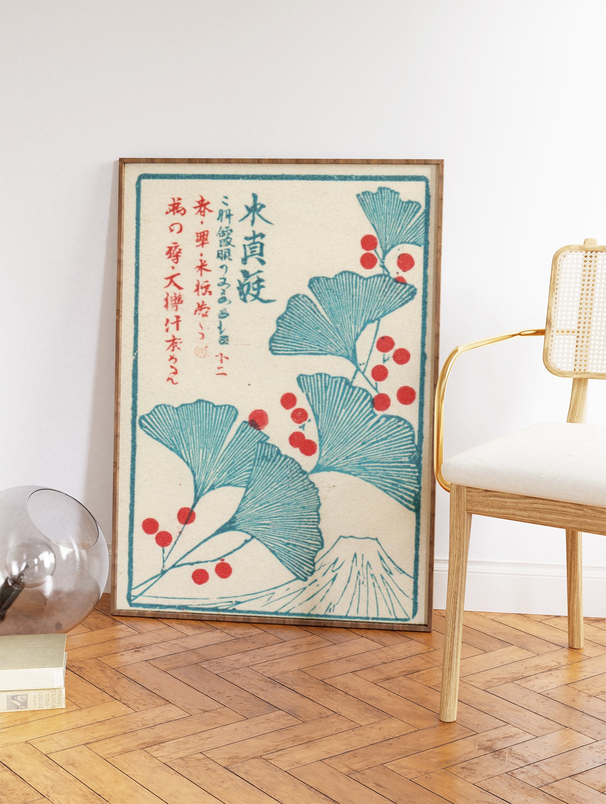Japanese Wall Art print with blue ginkgo leaves, red berries, and Mount Fuji illustration on a cream background. - Image 2