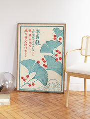 Japanese Wall Art print with blue ginkgo leaves, red berries, and Mount Fuji illustration on a cream background. - Image 2