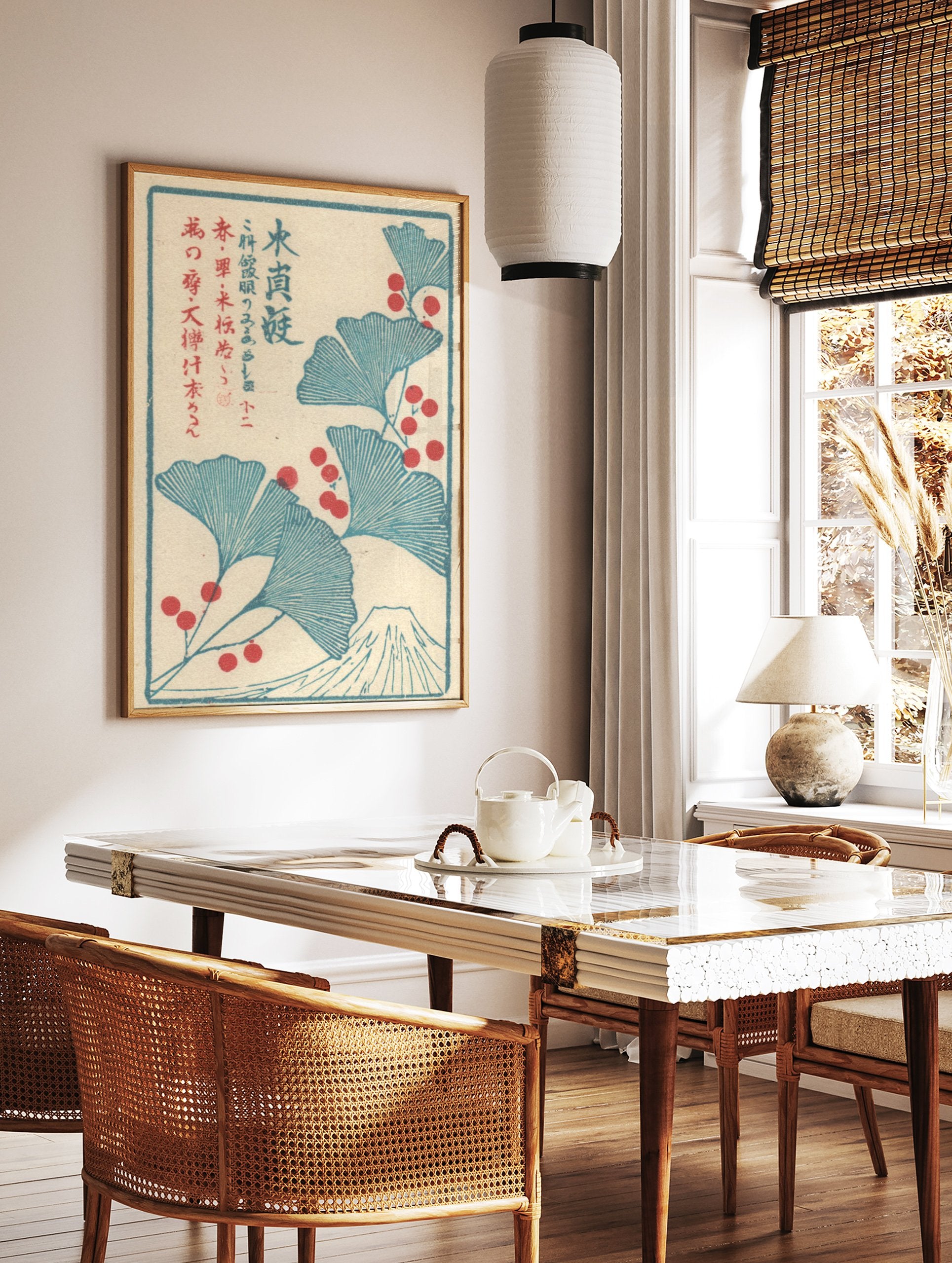 Japanese Wall Art print with blue ginkgo leaves, red berries, and Mount Fuji illustration on a cream background. - Image 3