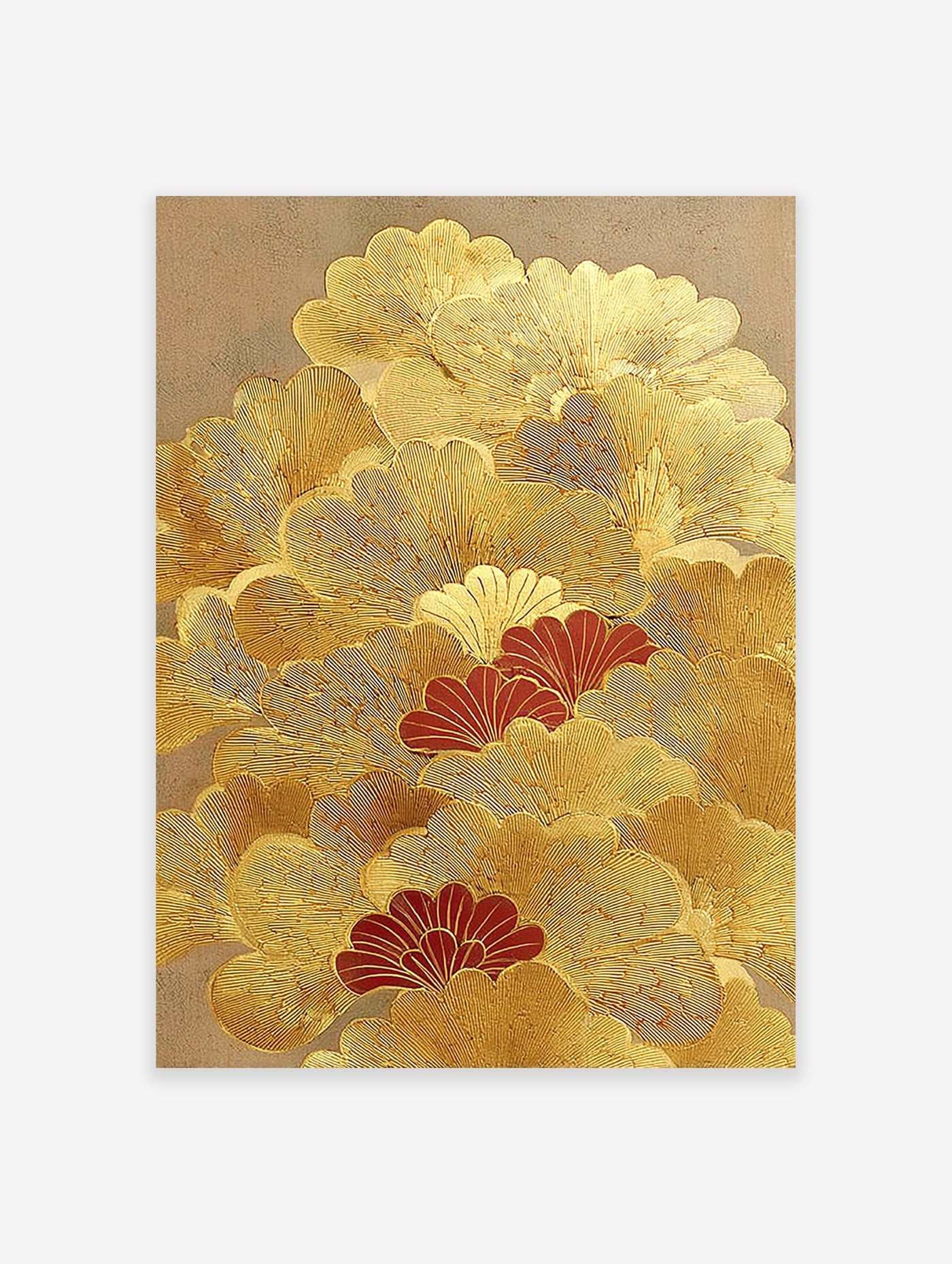 Gold and red ginkgo leaf Japanese wall art print with textured metallic details on a beige background.