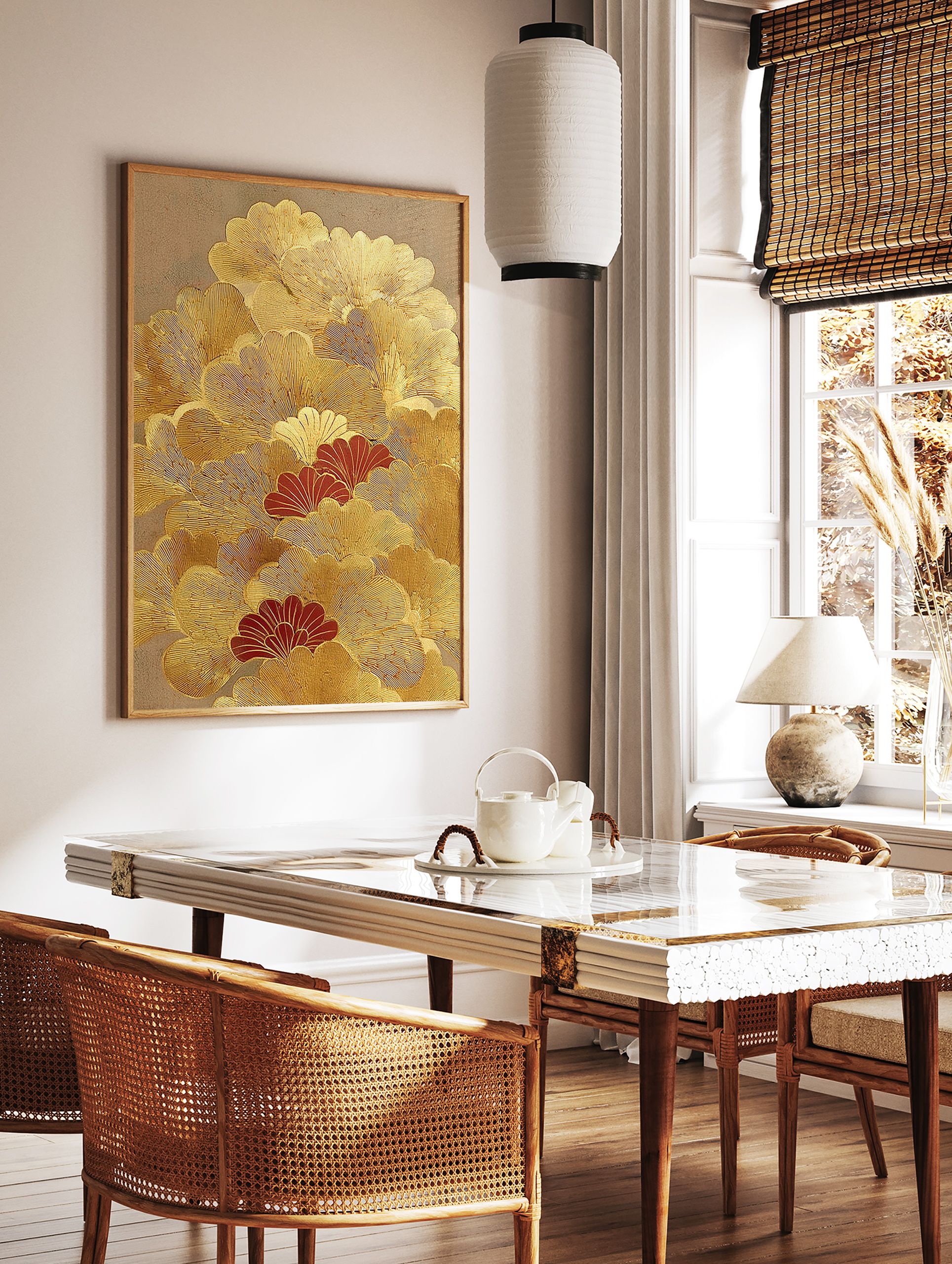 Gold and red ginkgo leaf Japanese wall art print with textured metallic details on a beige background. - Image 2