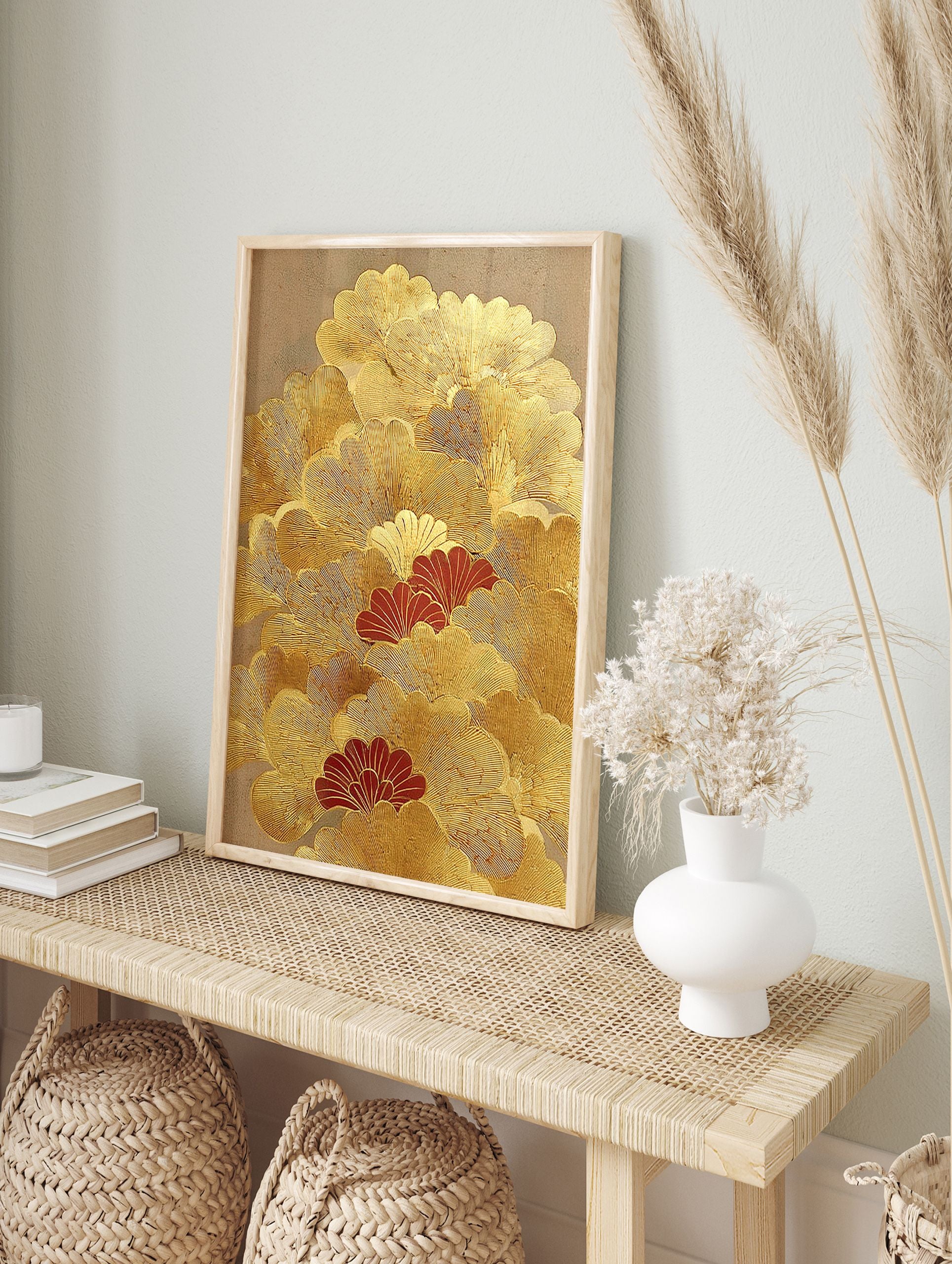 Gold and red ginkgo leaf Japanese wall art print with textured metallic details on a beige background. - Image 3