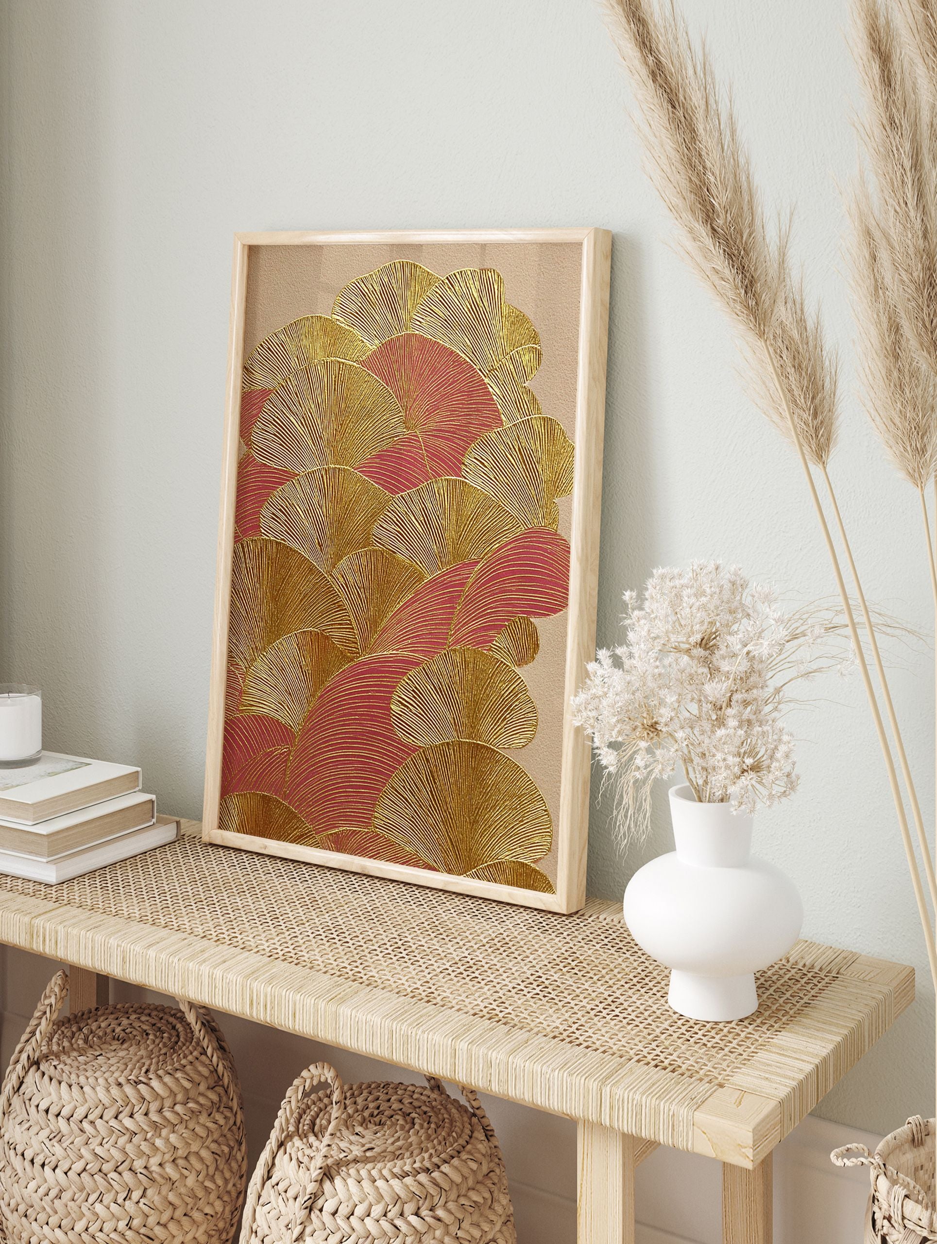 Japanese Wall Art featuring gold metallic textured fan patterns and deep red shapes on a light beige background. - Image 3