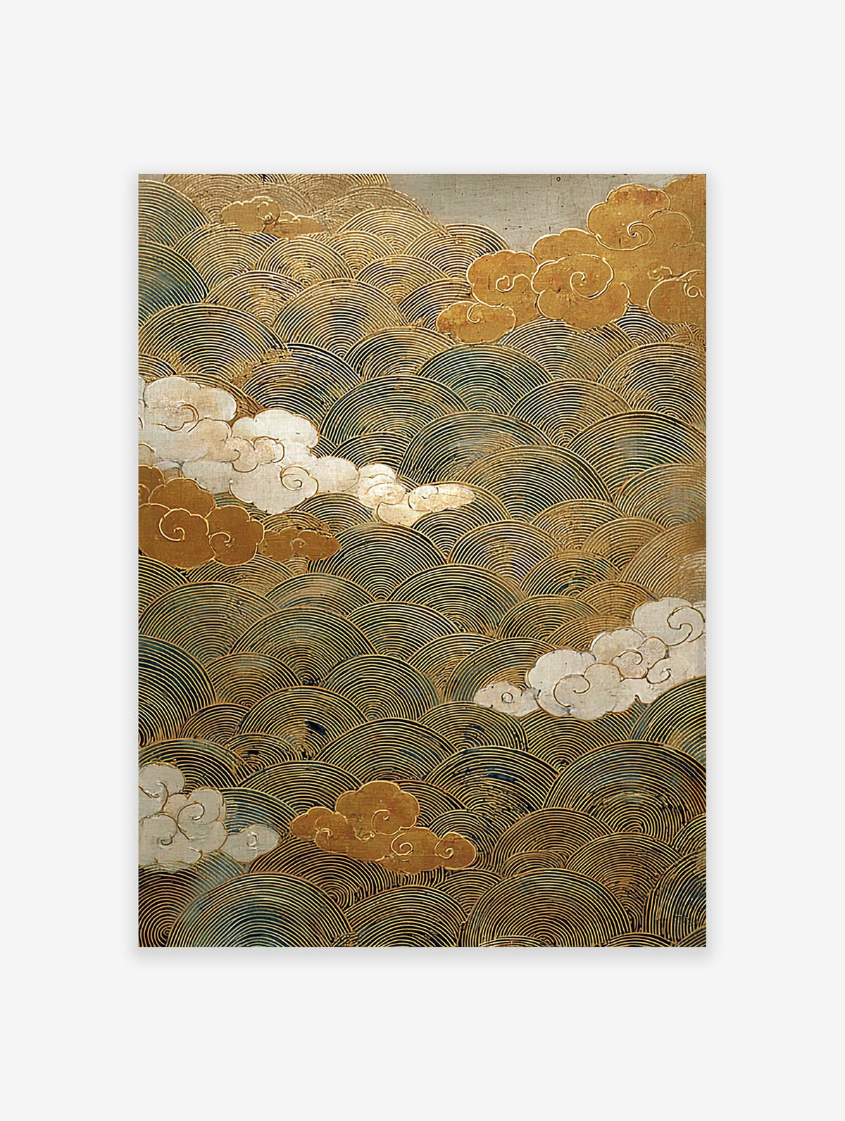Traditional Japanese wall art featuring shimmering gold wave patterns and stylized white and gold clouds on a dark background.