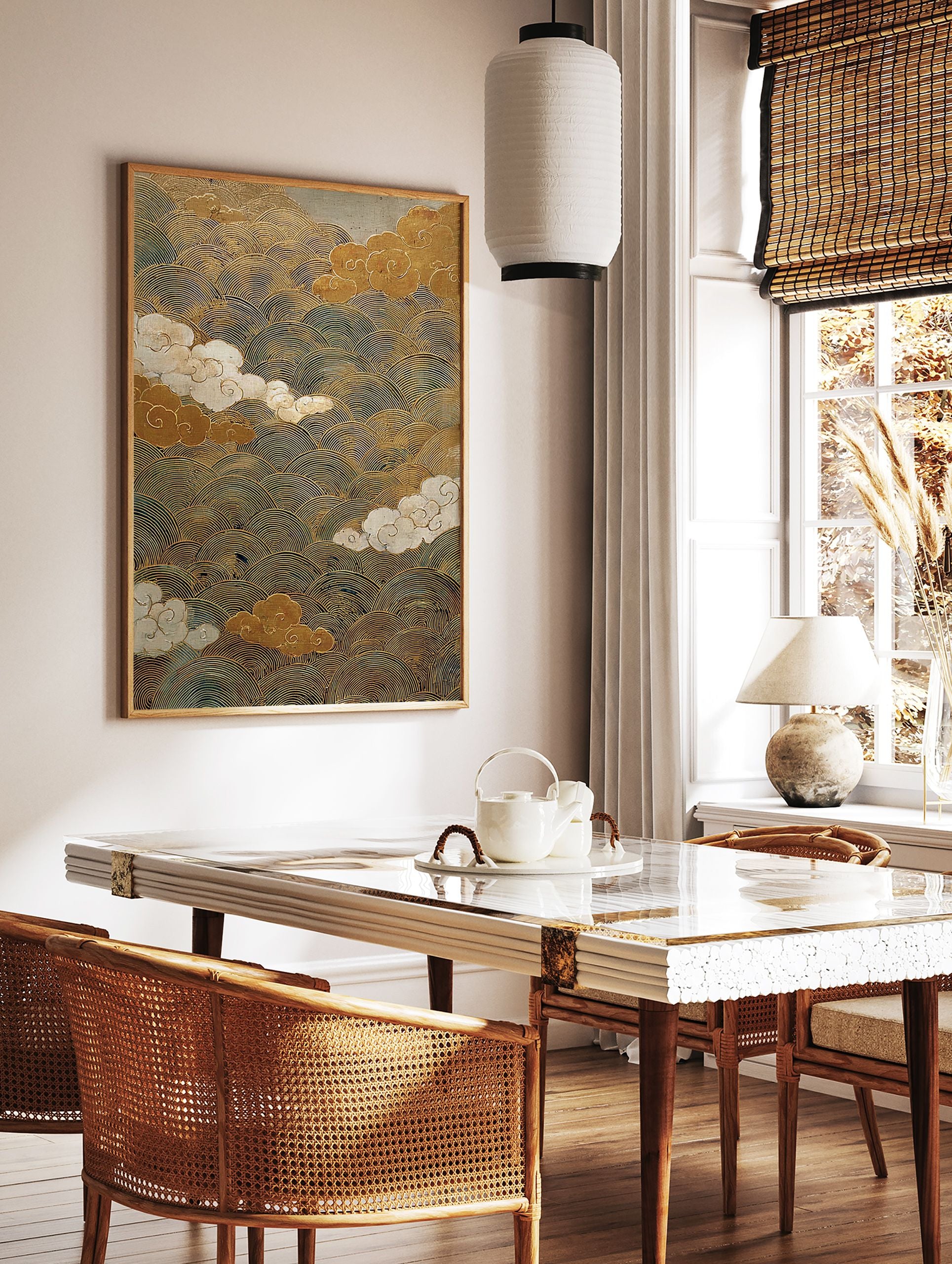 Traditional Japanese wall art featuring shimmering gold wave patterns and stylized white and gold clouds on a dark background. - Image 2