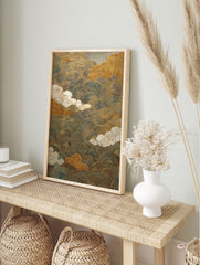 Traditional Japanese wall art featuring shimmering gold wave patterns and stylized white and gold clouds on a dark background. - Image 3