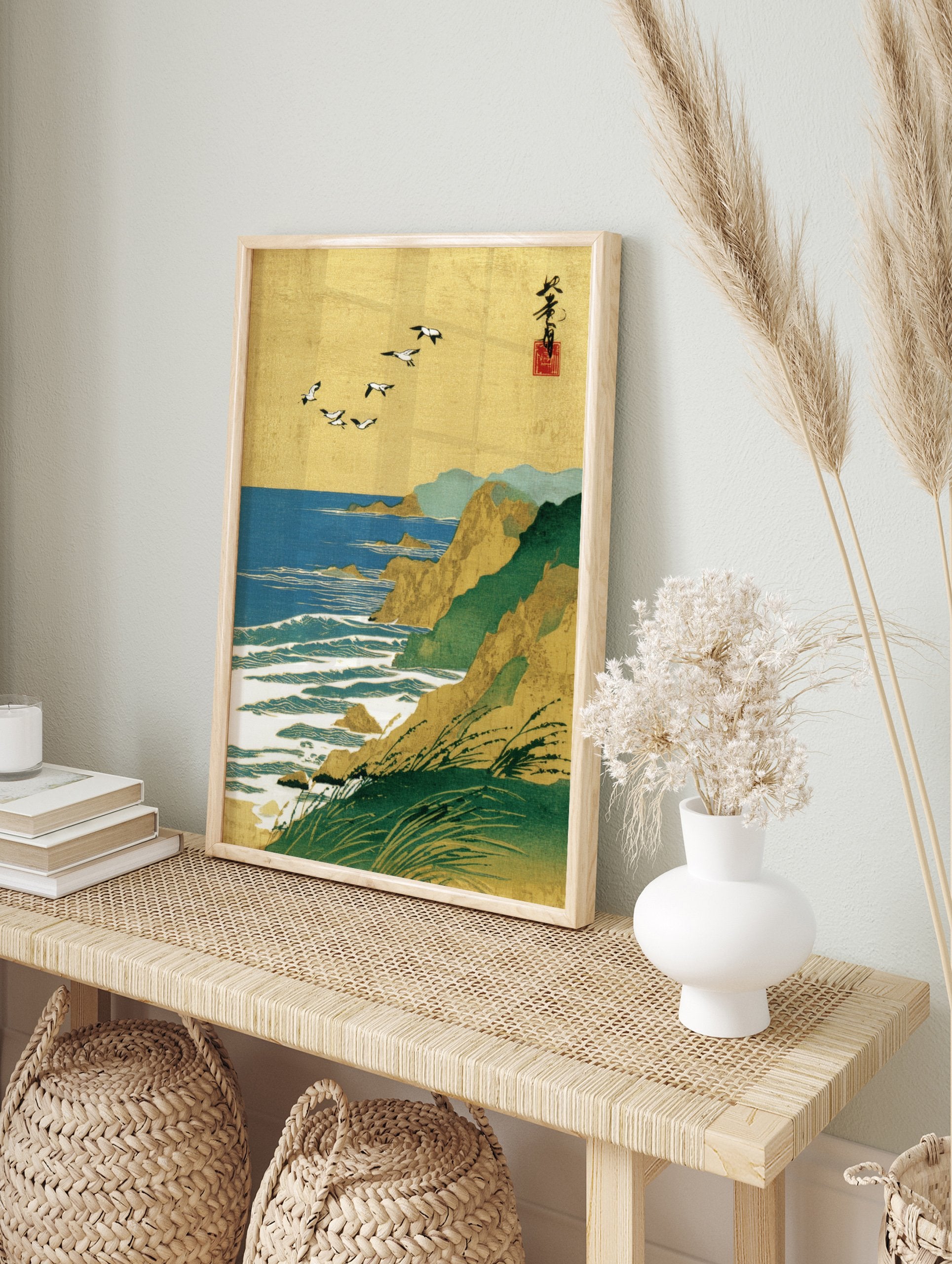 Japanese-style coastal landscape art print with golden sky, flying birds, green cliffs, and blue ocean waves. - Image 3