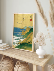 Japanese-style coastal landscape art print with golden sky, flying birds, green cliffs, and blue ocean waves. - Image 3