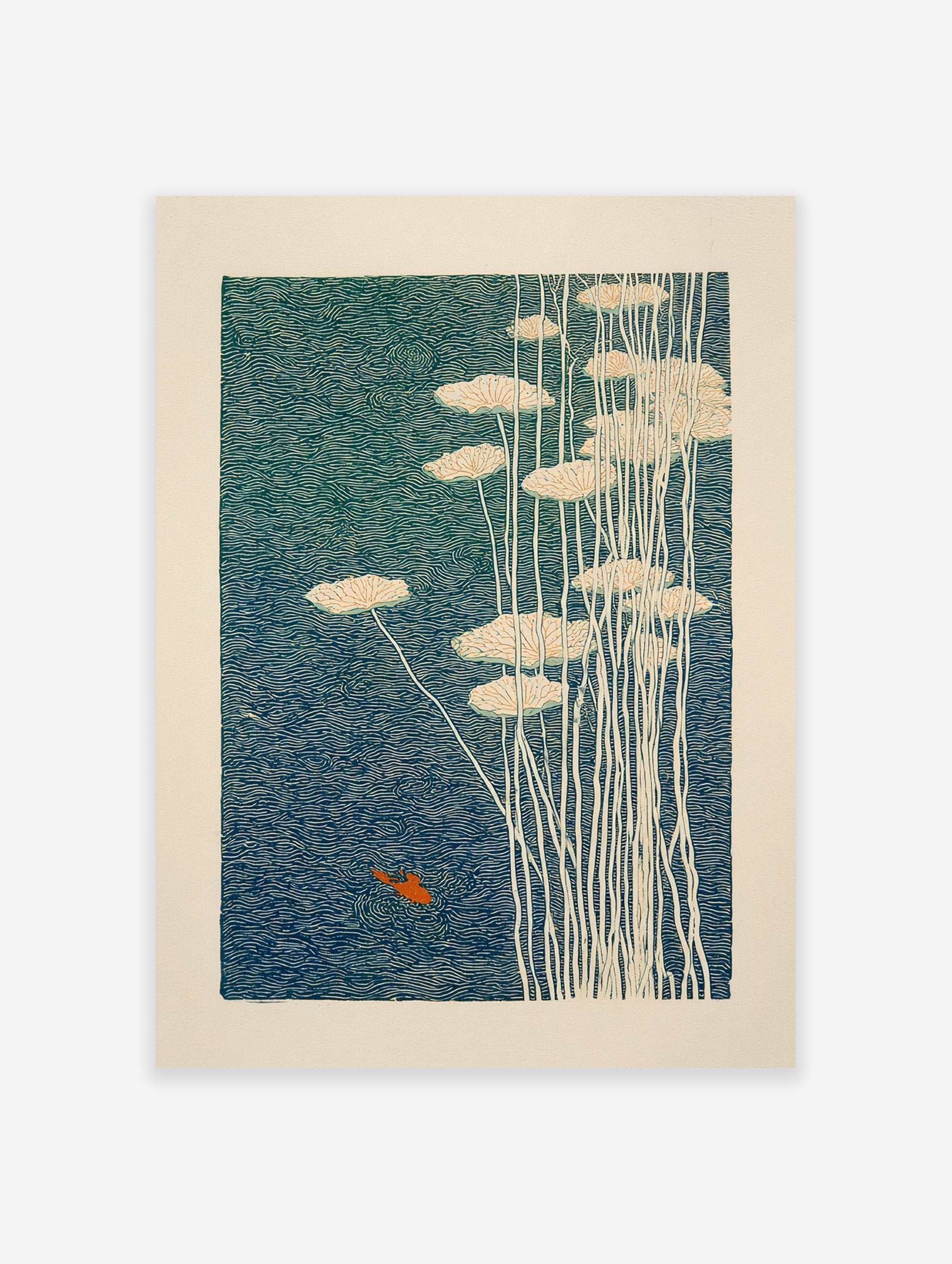 Japanese wall art print depicting an orange goldfish swimming in blue-green water with white water lilies and stems.