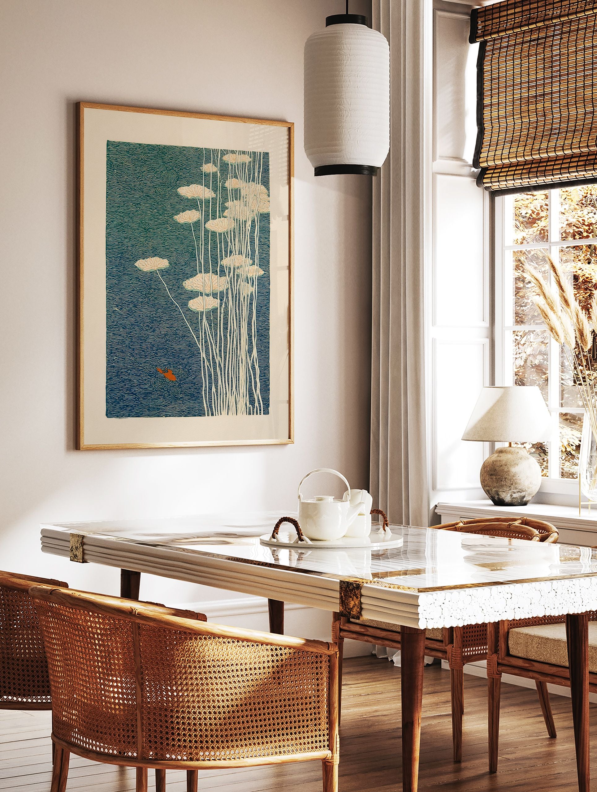 Japanese wall art print depicting an orange goldfish swimming in blue-green water with white water lilies and stems. - Image 3