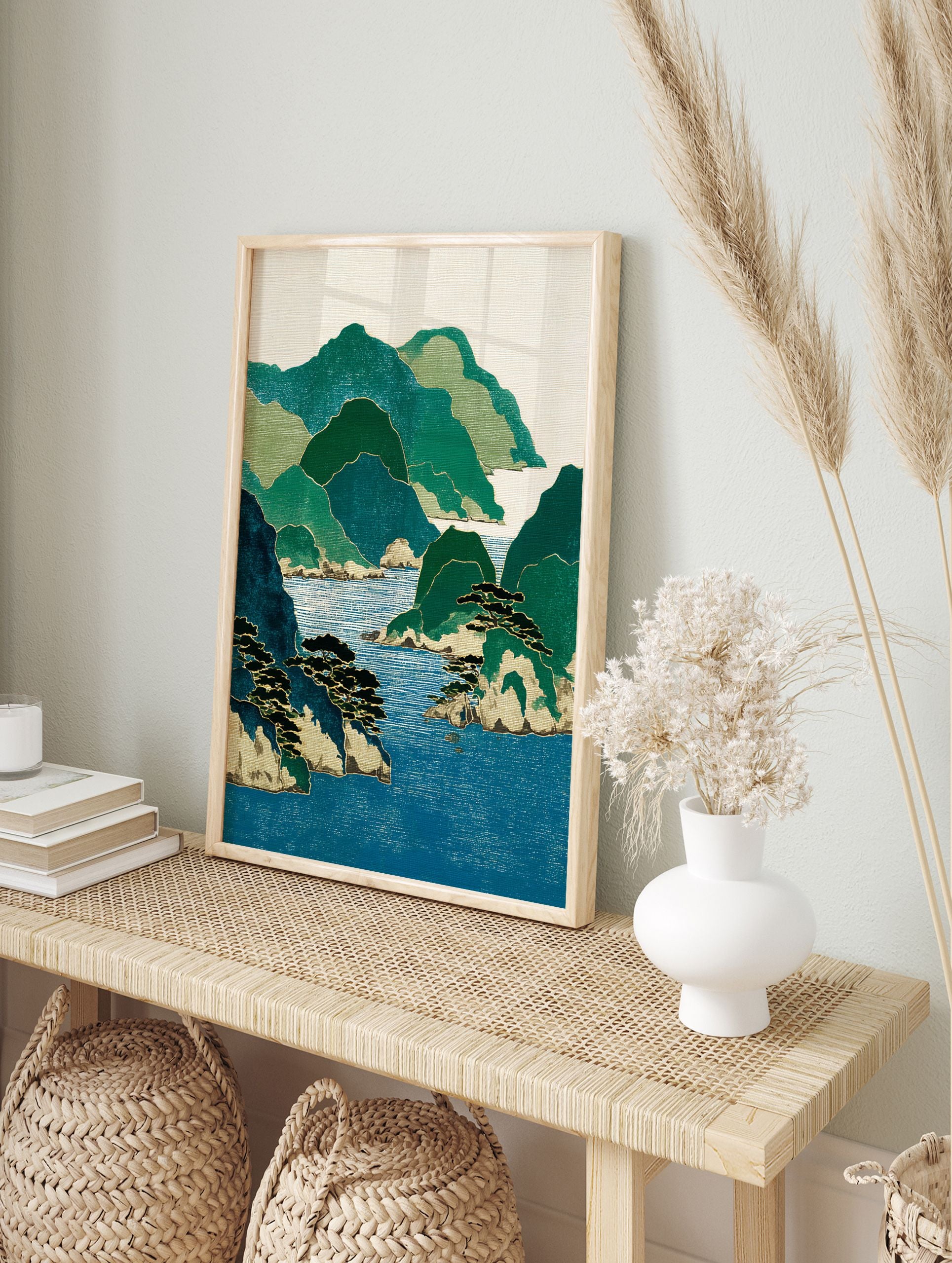 Japanese Wall Art print depicting green mountains, blue sea, and islands with pine trees in a traditional ukiyo-e style. - Image 3