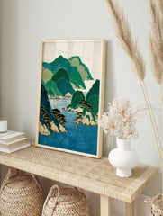 Japanese Wall Art print depicting green mountains, blue sea, and islands with pine trees in a traditional ukiyo-e style. - Image 3
