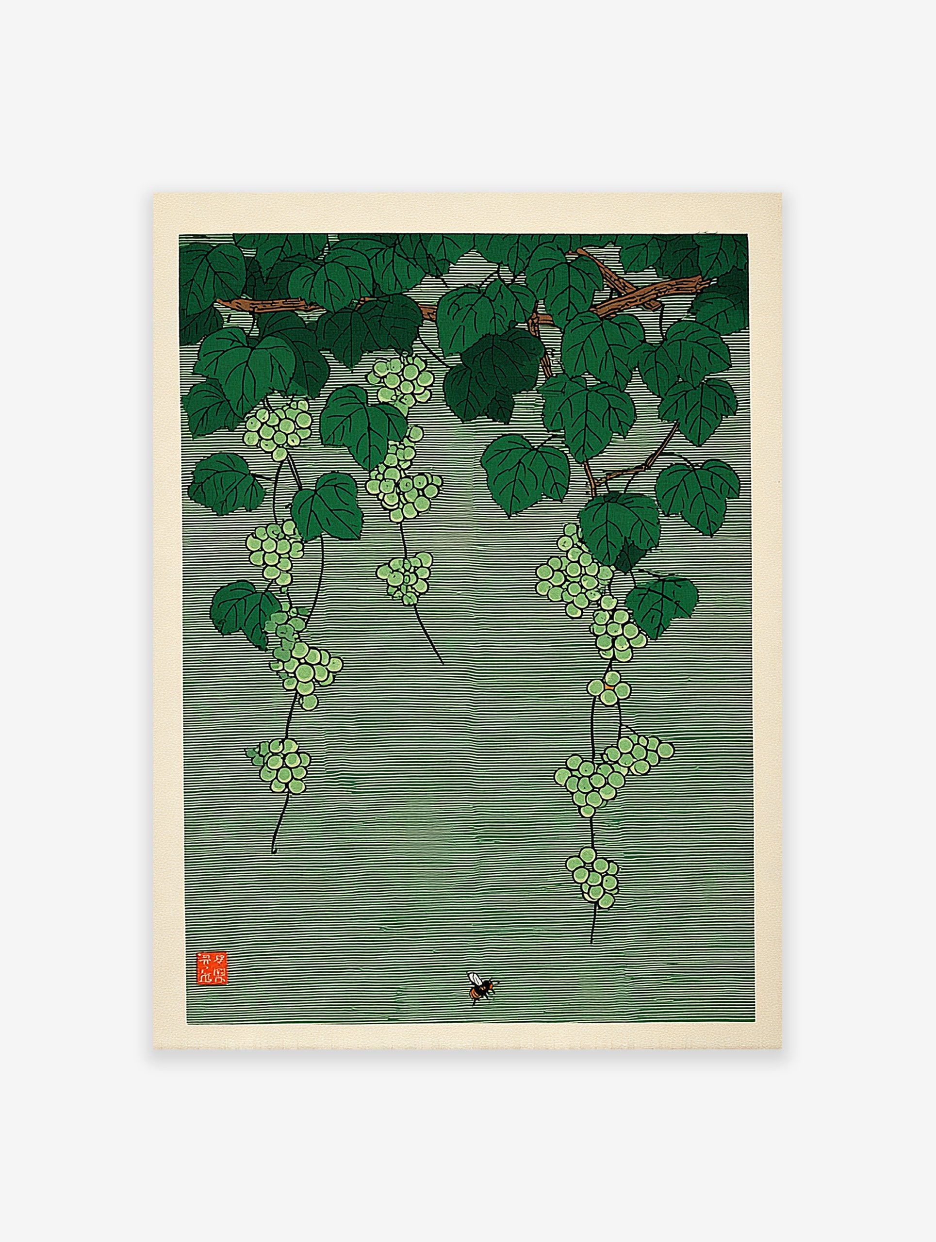 Japanese botanical wall art print featuring green grapevines with clusters of grapes and a small bee on a striped green background.