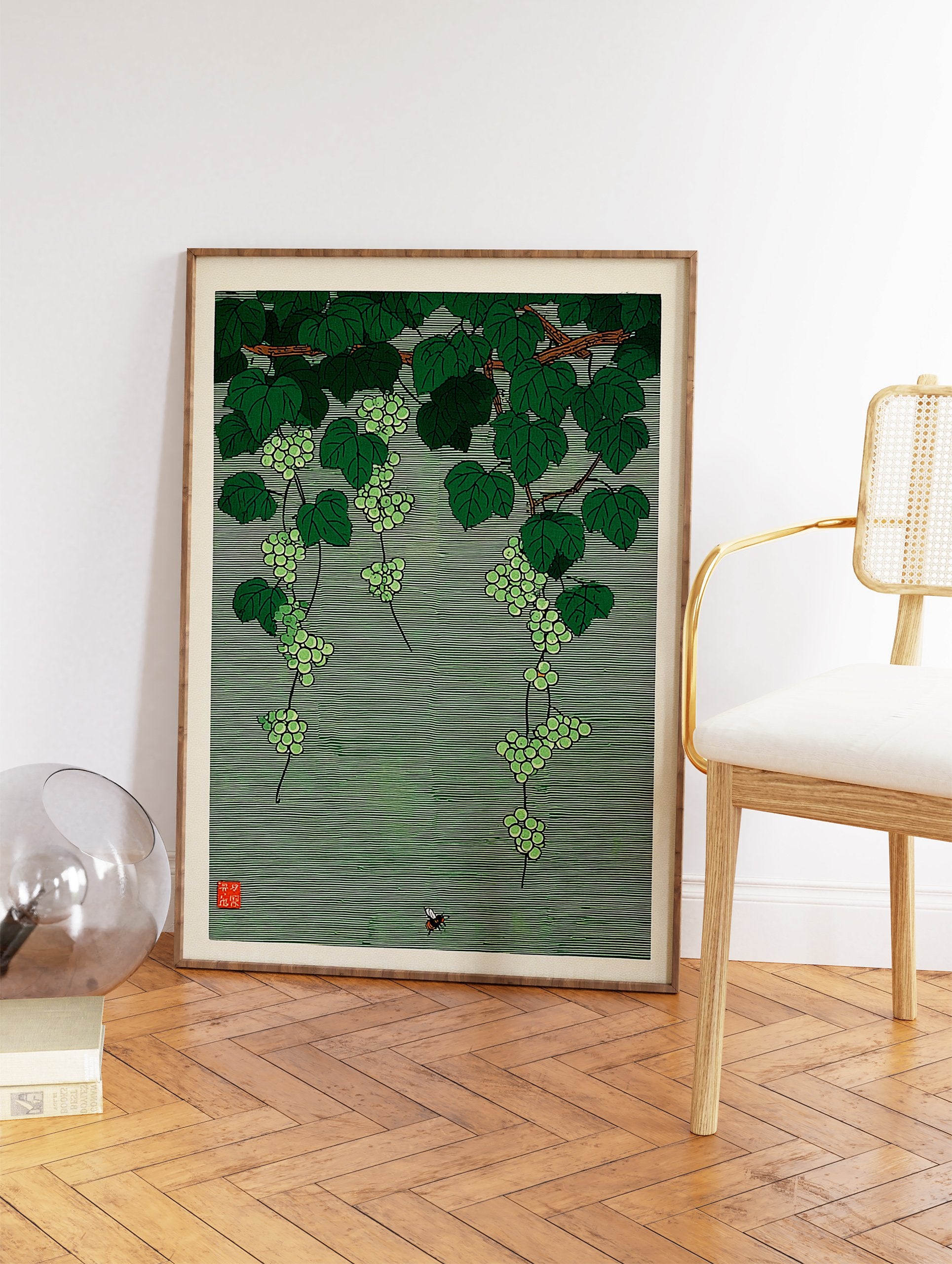 Japanese botanical wall art print featuring green grapevines with clusters of grapes and a small bee on a striped green background. - Image 2