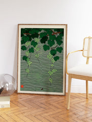 Japanese botanical wall art print featuring green grapevines with clusters of grapes and a small bee on a striped green background. - Image 2