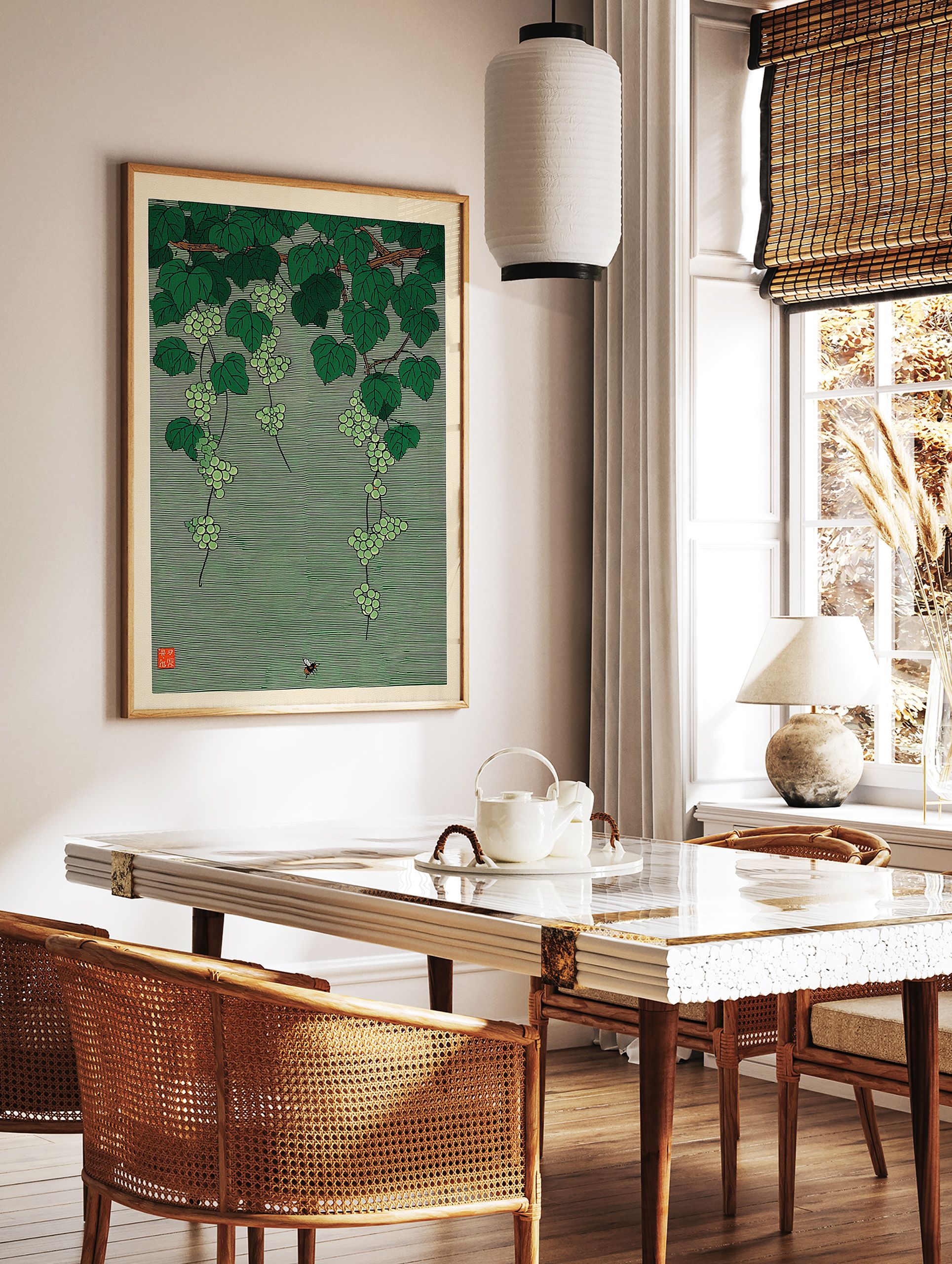 Japanese botanical wall art print featuring green grapevines with clusters of grapes and a small bee on a striped green background. - Image 3