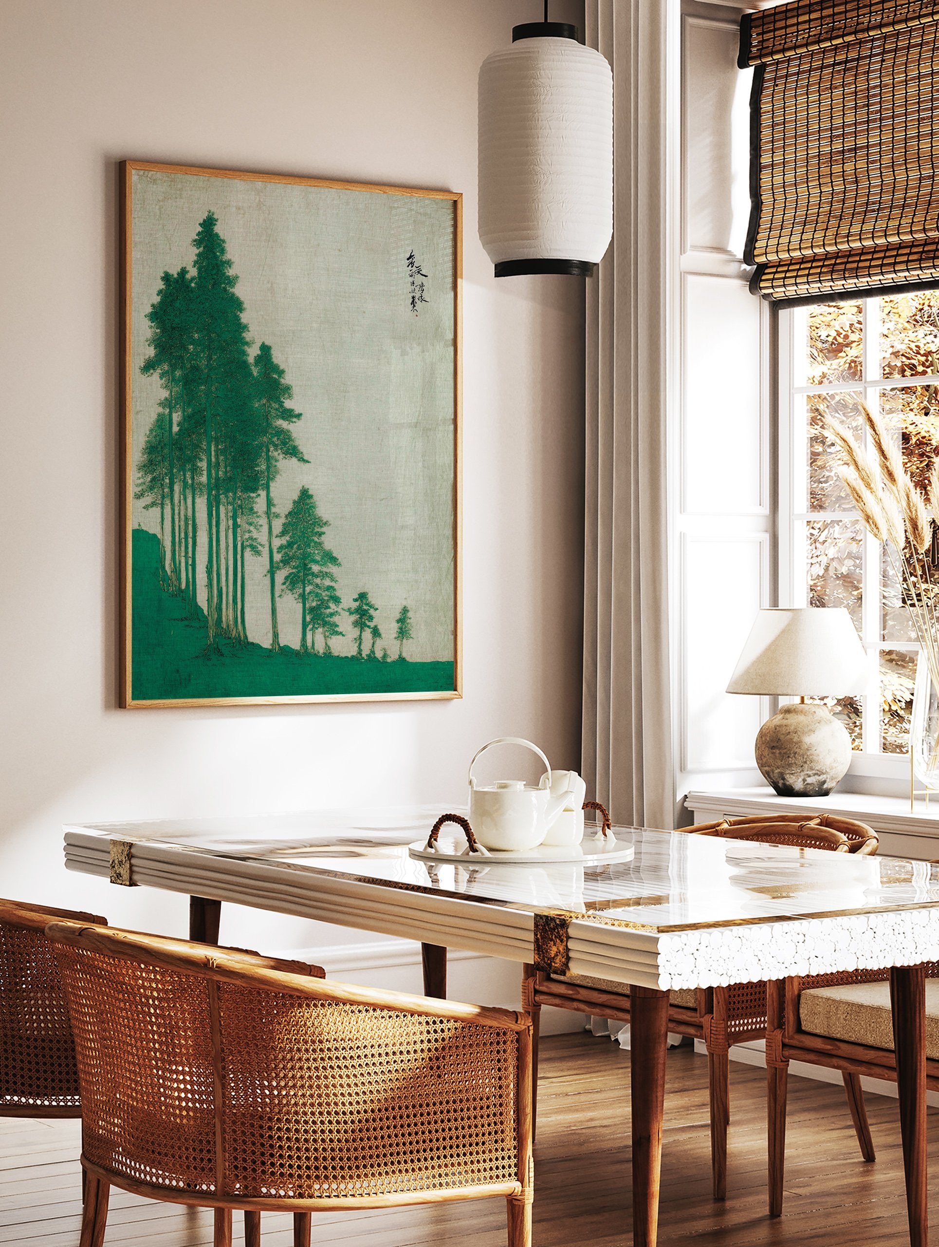 Japanese wall art print depicting a serene green pine tree landscape on a light textured background with calligraphy. - Image 2