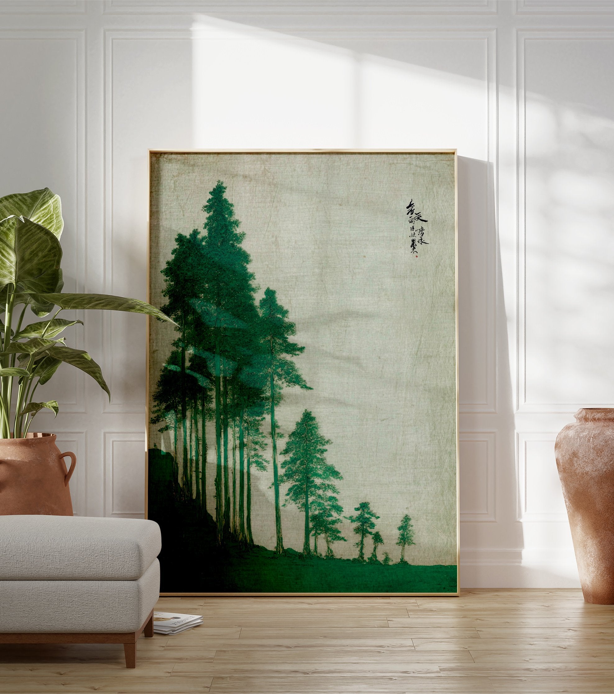 Japanese wall art print depicting a serene green pine tree landscape on a light textured background with calligraphy. - Image 3