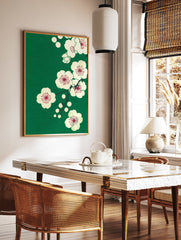Japanese plum blossom art print with white flowers and dark red centers on a dark green textured background. - Image 3