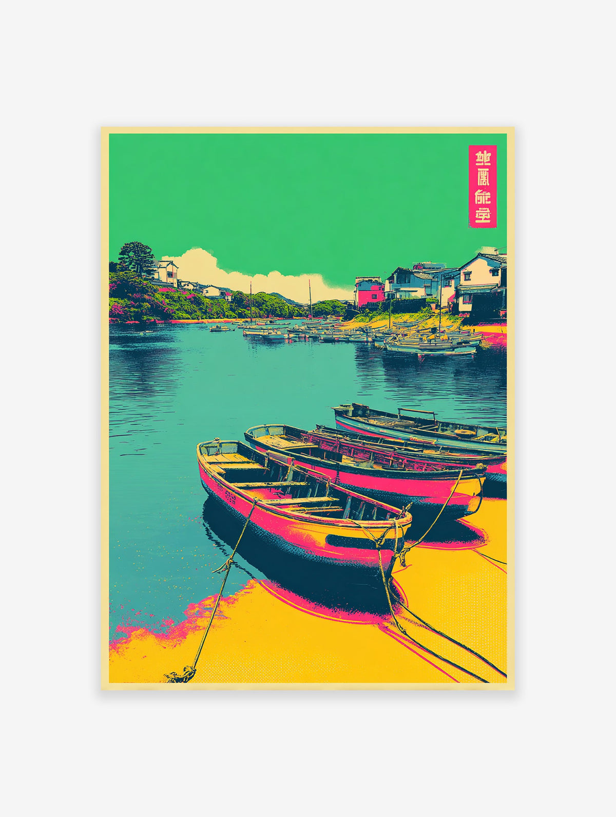 Japanese wall art print of a vibrant harbor with traditional pink and yellow boats, teal water, and green hillsides.