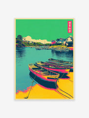 Japanese wall art print of a vibrant harbor with traditional pink and yellow boats, teal water, and green hillsides.