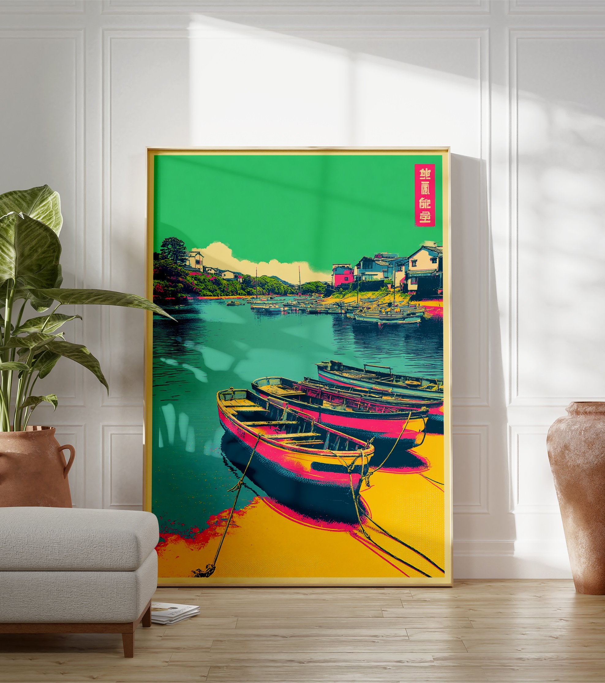 Japanese wall art print of a vibrant harbor with traditional pink and yellow boats, teal water, and green hillsides. - Image 3