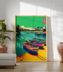 Japanese wall art print of a vibrant harbor with traditional pink and yellow boats, teal water, and green hillsides. - Image 3