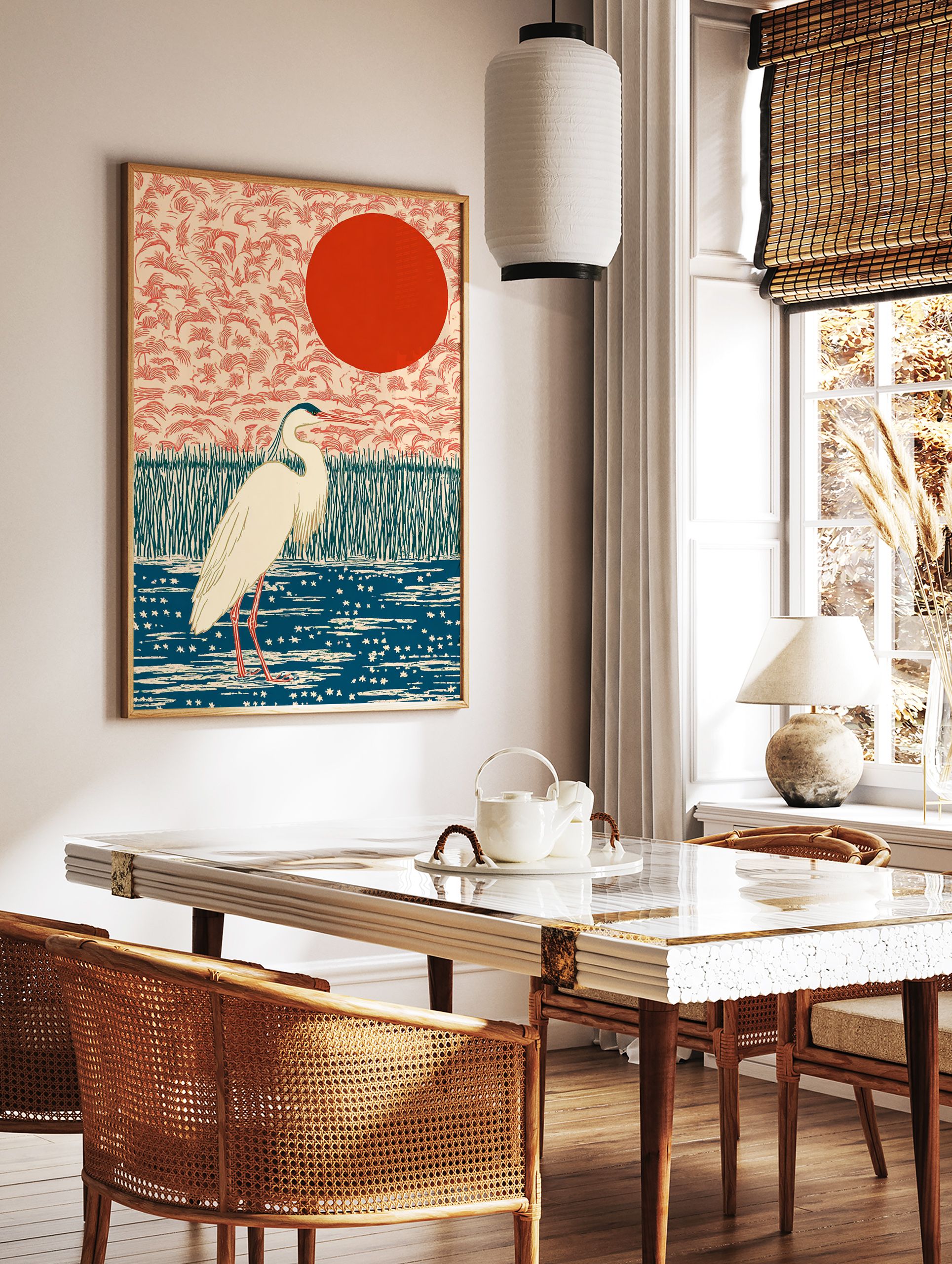 Japanese wall art print of a white heron bird in a blue pond with green reeds and a red sun against a peach sky. - Image 2