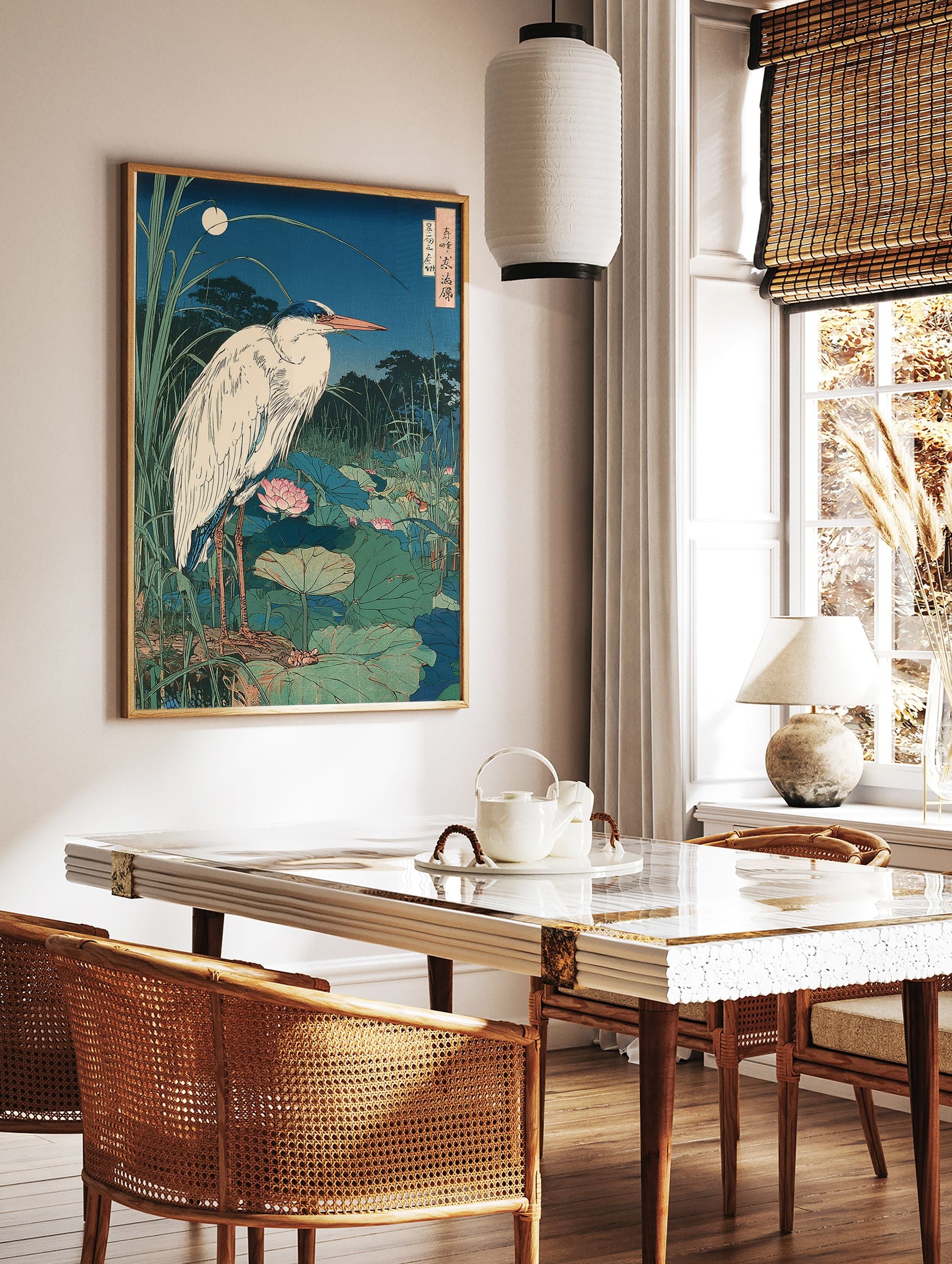Japanese Wall Art print of a white heron standing in a pond with lotus flowers and tall reeds under a full moon at night. - Image 3