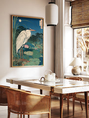 Japanese Wall Art print of a white heron standing in a pond with lotus flowers and tall reeds under a full moon at night. - Image 3