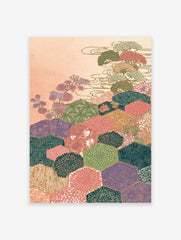 Japanese wall art print with hexagon patterns, stylized trees, and flowers in a multi-color Asian landscape