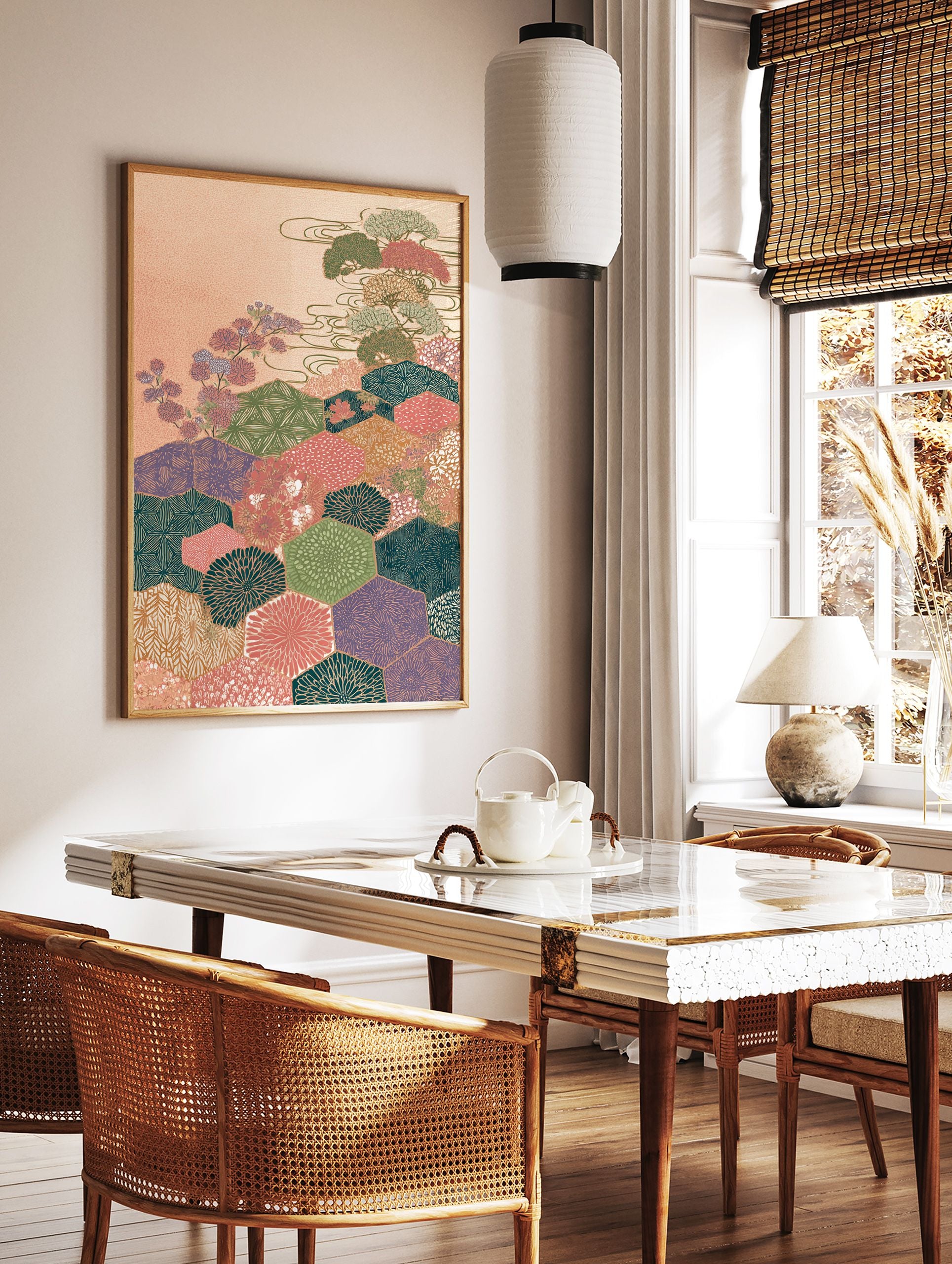 Japanese wall art print with hexagon patterns, stylized trees, and flowers in a multi-color Asian landscape - Image 2
