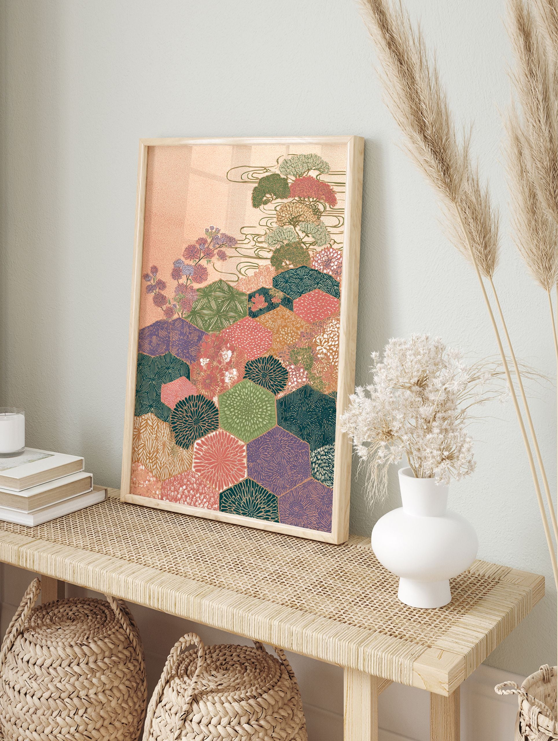 Japanese wall art print with hexagon patterns, stylized trees, and flowers in a multi-color Asian landscape - Image 3