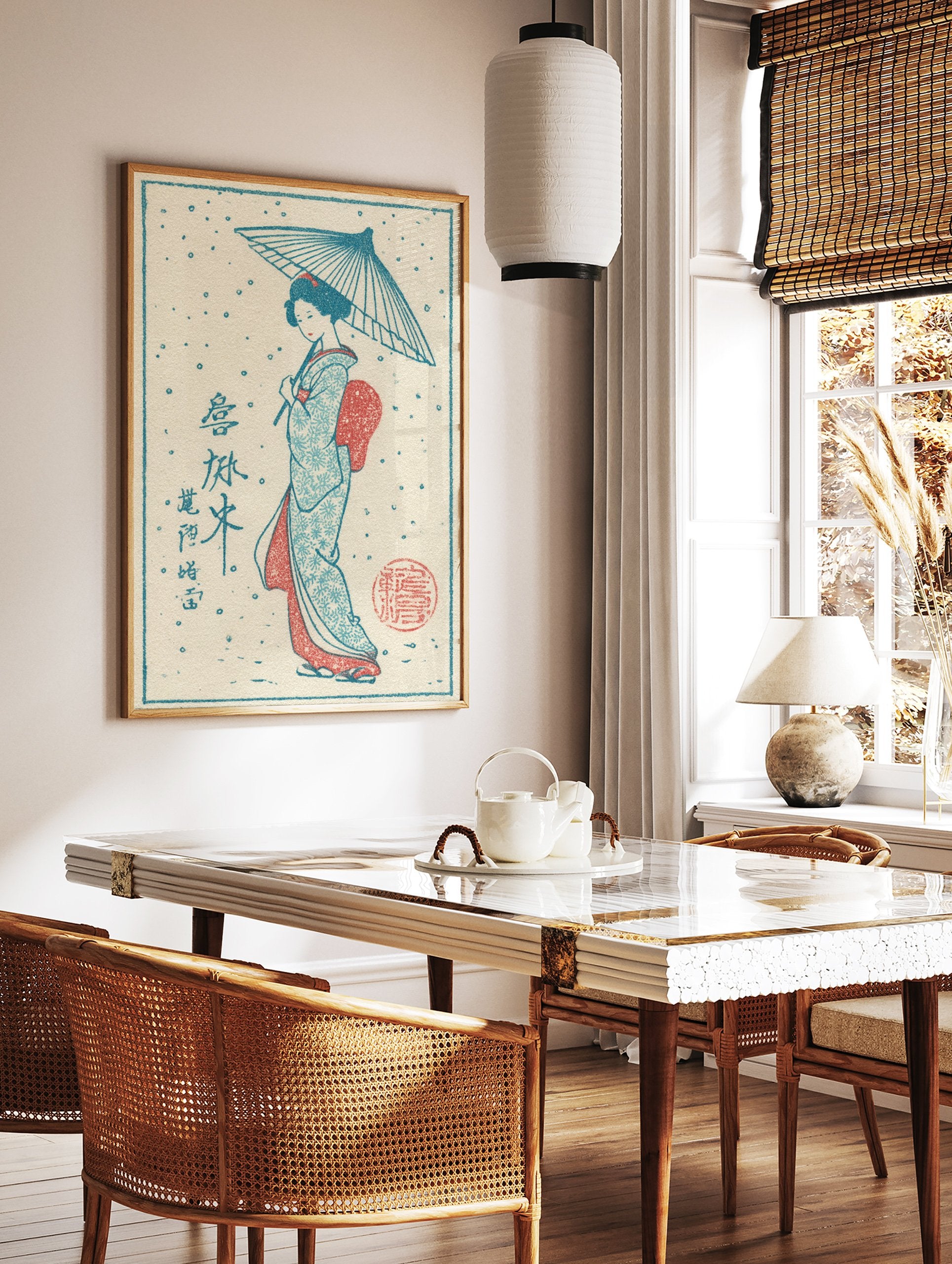 Japanese Ukiyo-e style wall art print featuring a woman in a kimono holding an umbrella in a snow scene. - Image 2
