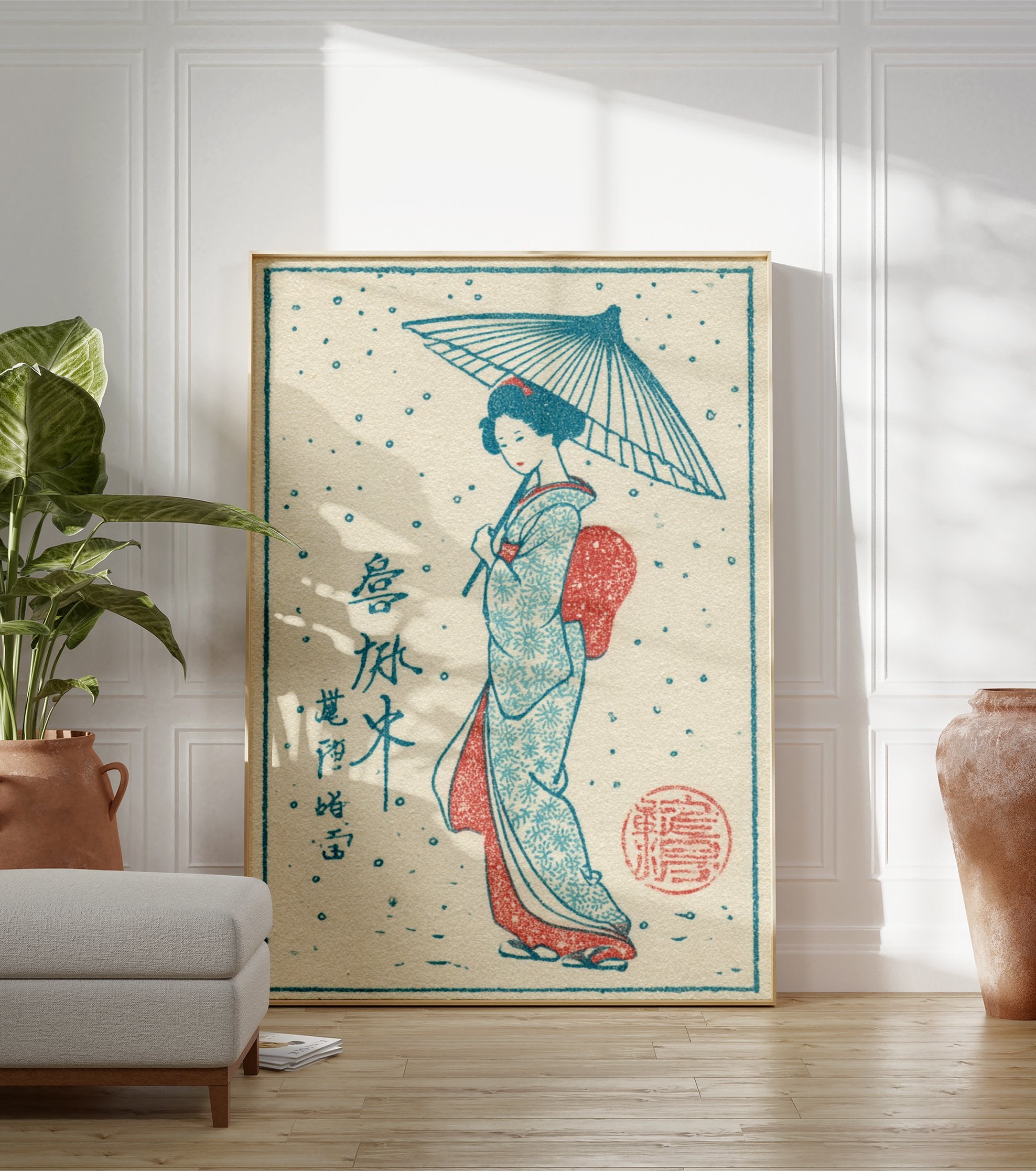 Japanese Ukiyo-e style wall art print featuring a woman in a kimono holding an umbrella in a snow scene. - Image 3