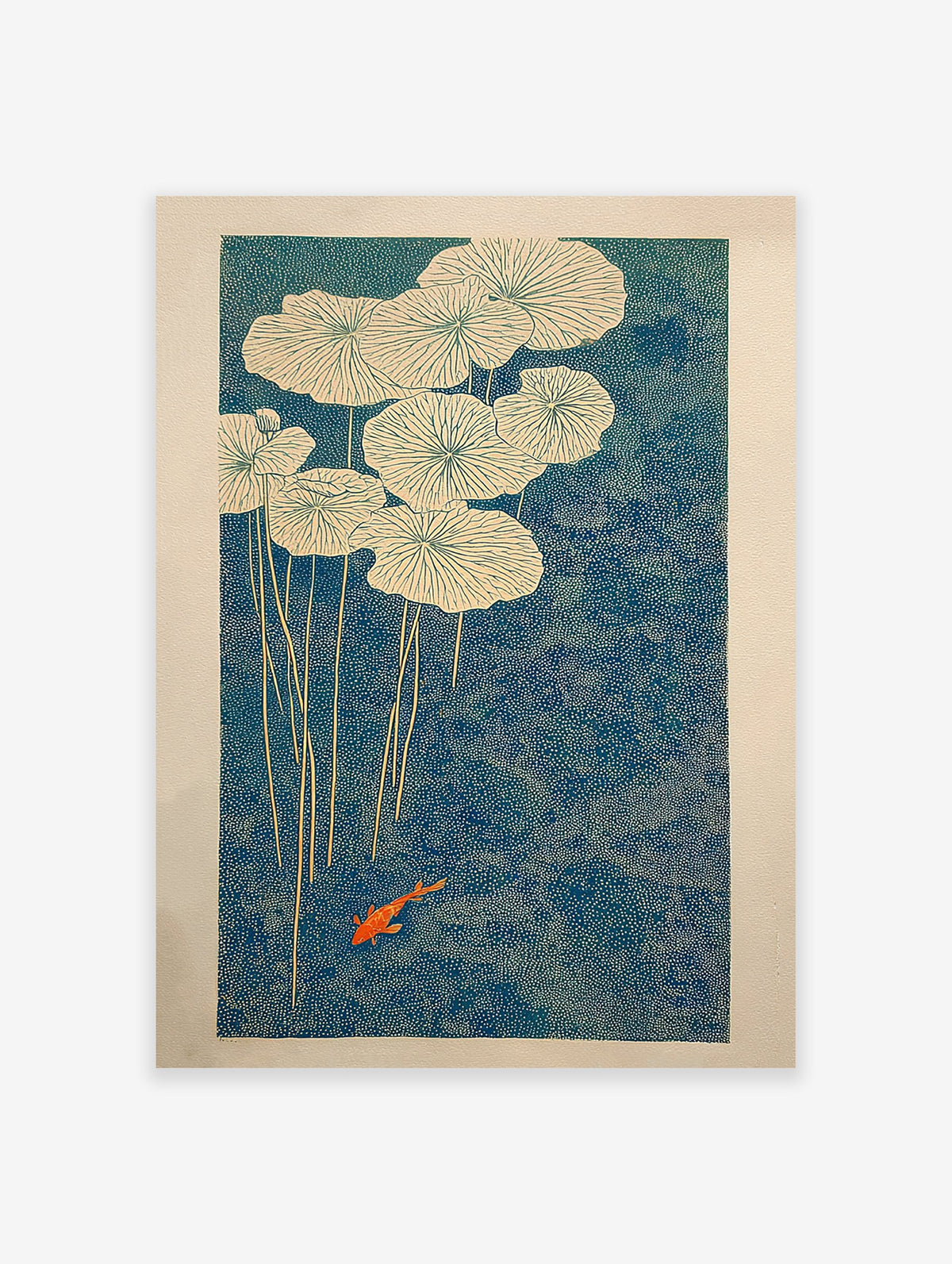 Japanese wall art print of an orange koi fish swimming among white water lilies in a deep blue pond with stippled texture.