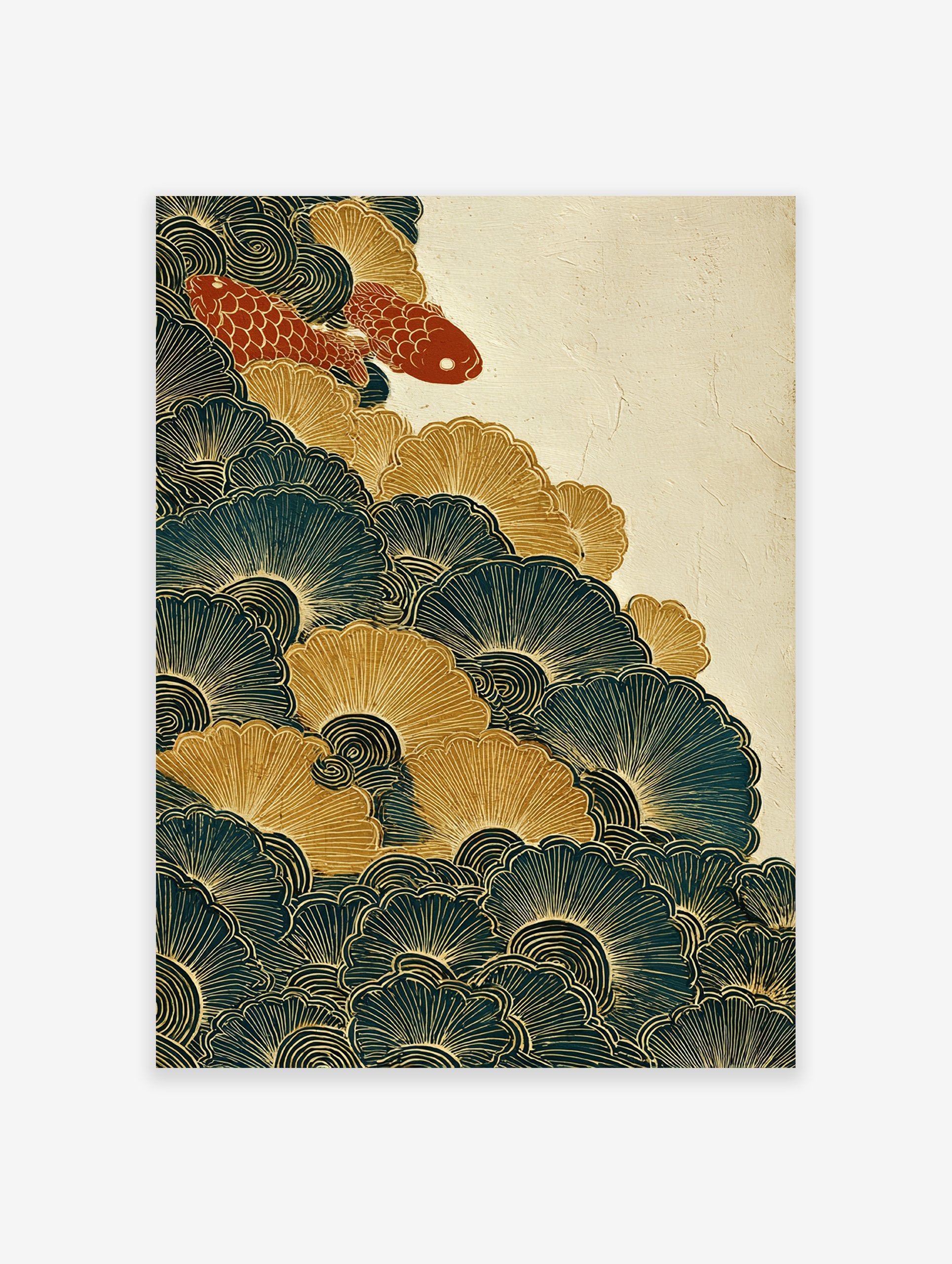 Japanese wall art print with two red koi fish swimming in teal and gold stylized waves and ginkgo-like patterns.