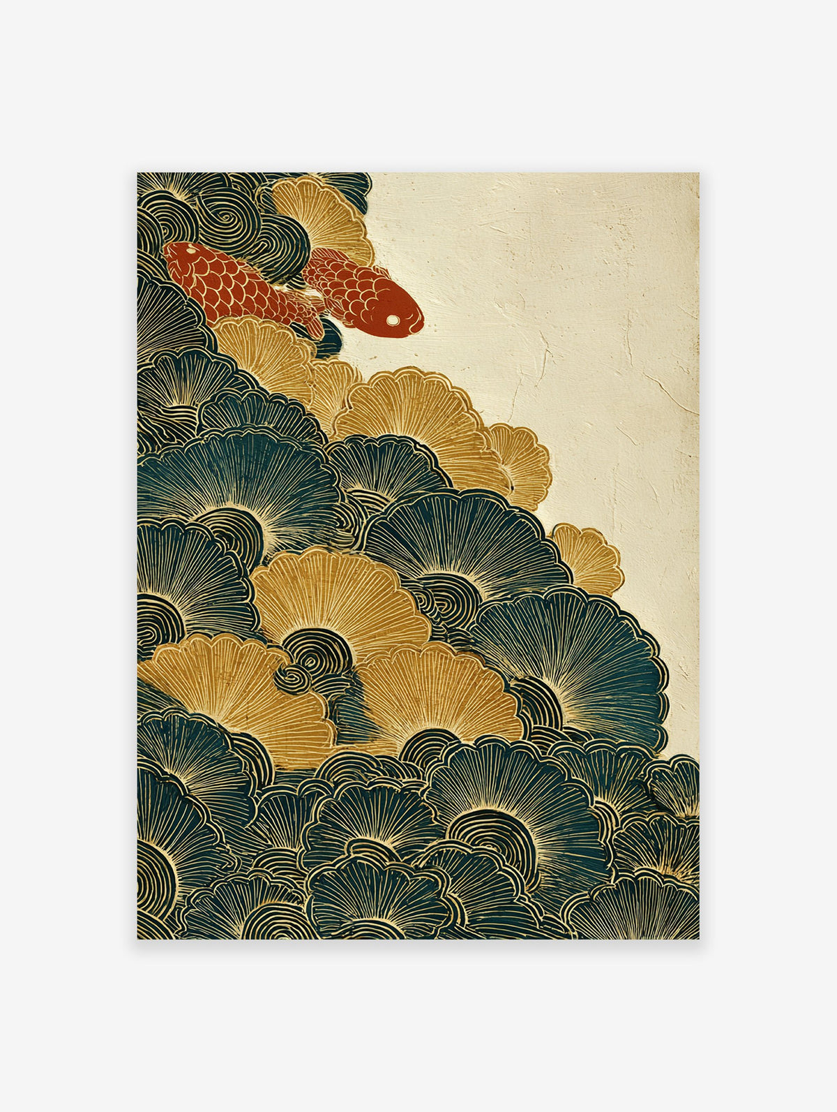 Japanese wall art print with two red koi fish swimming in teal and gold stylized waves and ginkgo-like patterns.