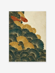 Japanese wall art print with two red koi fish swimming in teal and gold stylized waves and ginkgo-like patterns.
