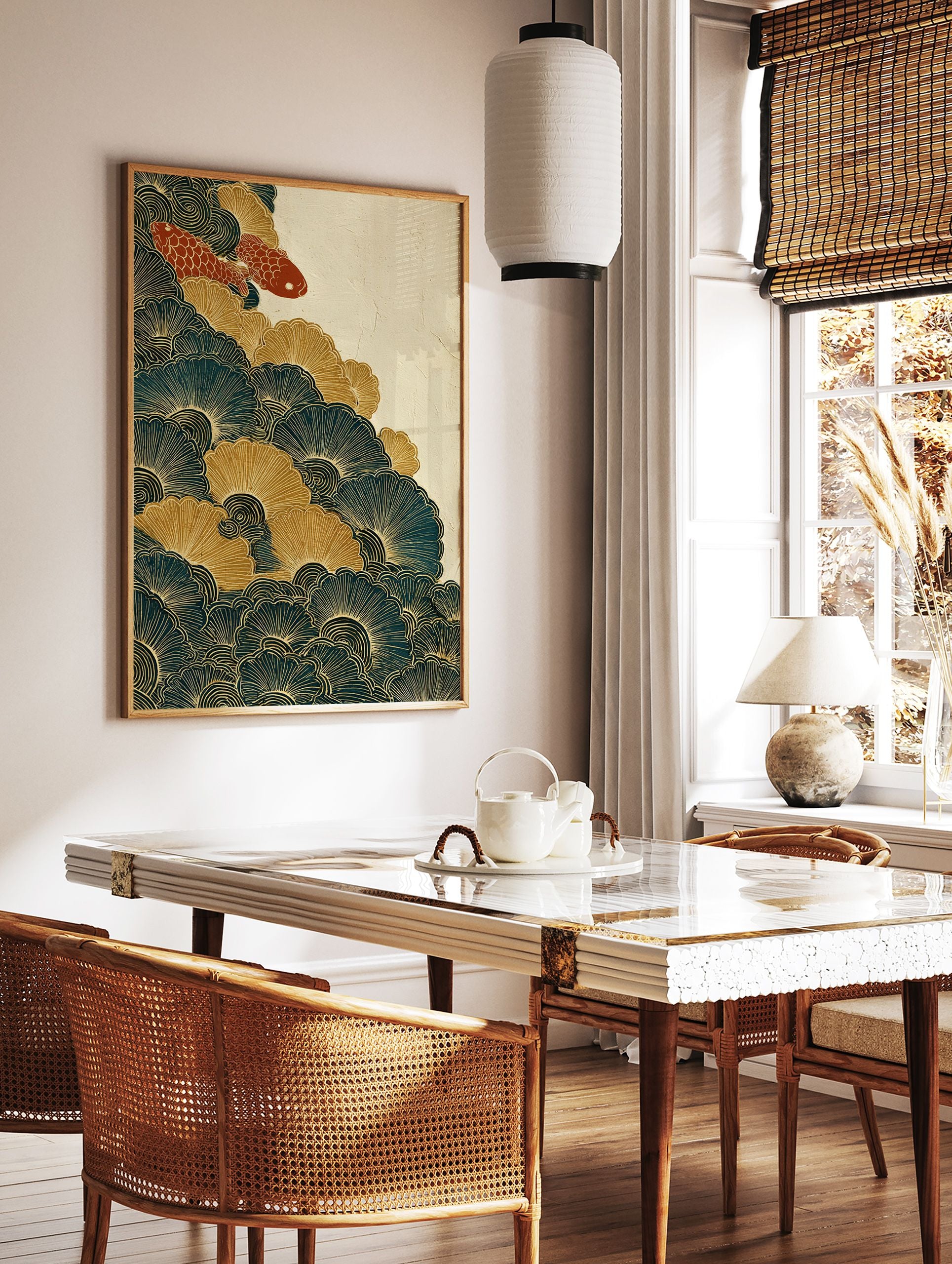 Japanese wall art print with two red koi fish swimming in teal and gold stylized waves and ginkgo-like patterns. - Image 2