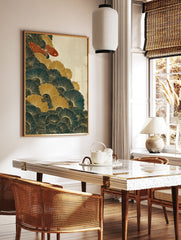 Japanese wall art print with two red koi fish swimming in teal and gold stylized waves and ginkgo-like patterns. - Image 2