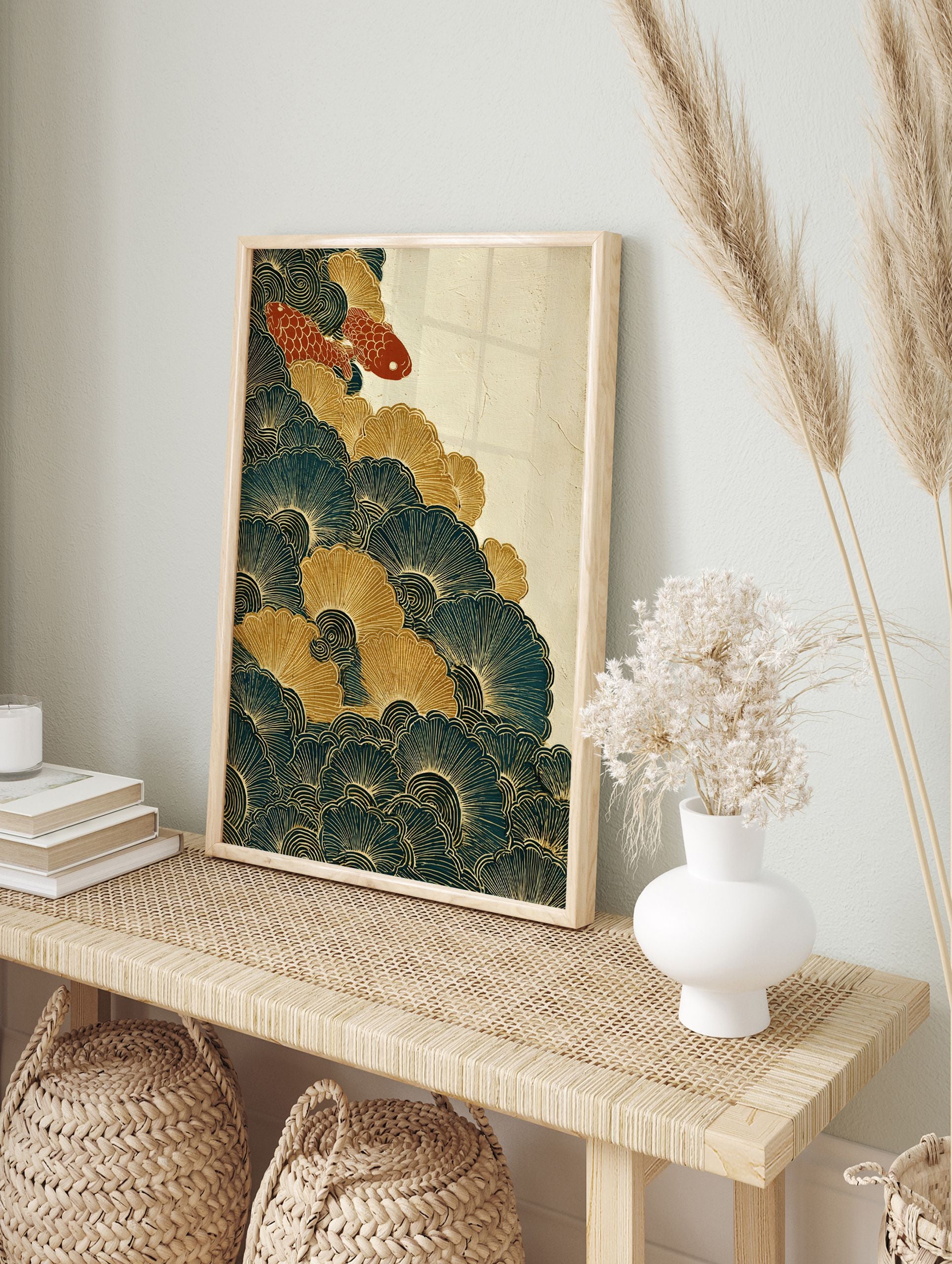 Japanese wall art print with two red koi fish swimming in teal and gold stylized waves and ginkgo-like patterns. - Image 3