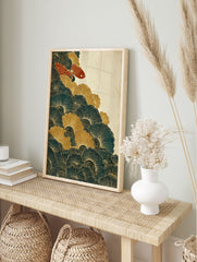 Japanese wall art print with two red koi fish swimming in teal and gold stylized waves and ginkgo-like patterns. - Image 3