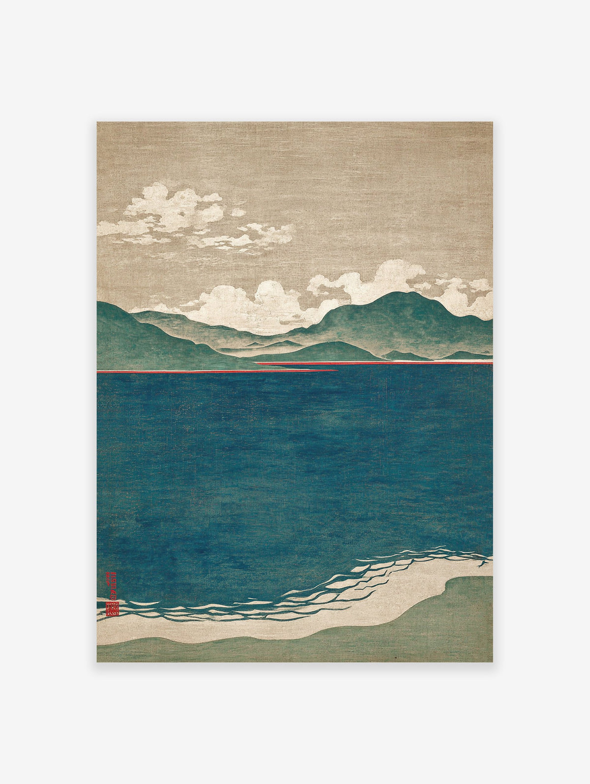 Japanese landscape art print featuring blue lake, green mountains, beige sky with clouds, and a striking red horizon line.