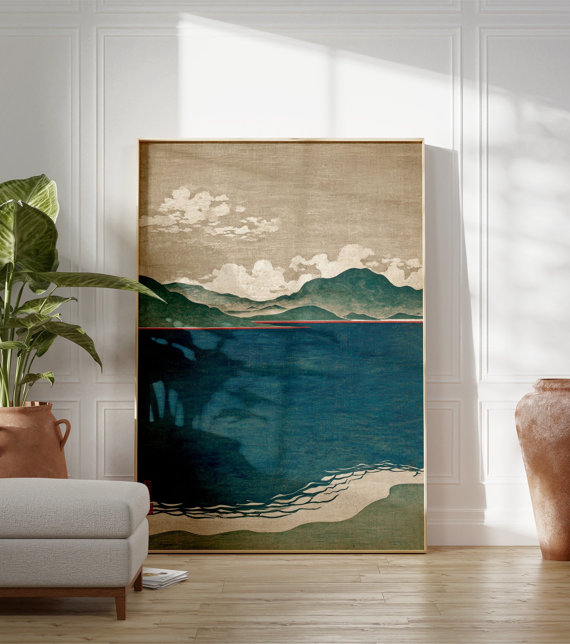Japanese landscape art print featuring blue lake, green mountains, beige sky with clouds, and a striking red horizon line. - Image 3