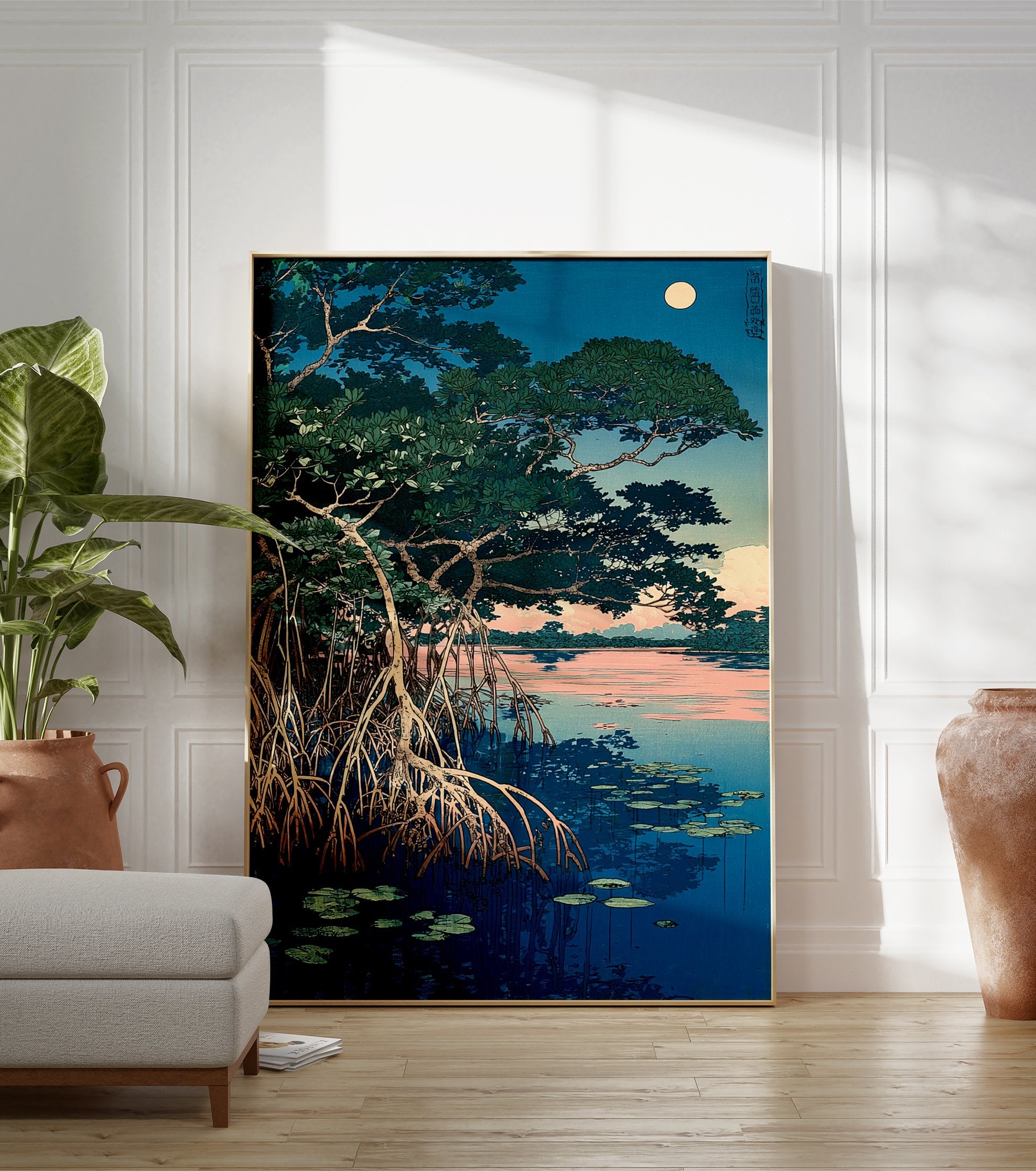 Japanese woodblock print of a moonlit mangrove landscape with intricate roots, lily pads, and a serene blue and pink sky. - Image 3