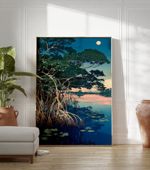Japanese woodblock print of a moonlit mangrove landscape with intricate roots, lily pads, and a serene blue and pink sky. - Image 3