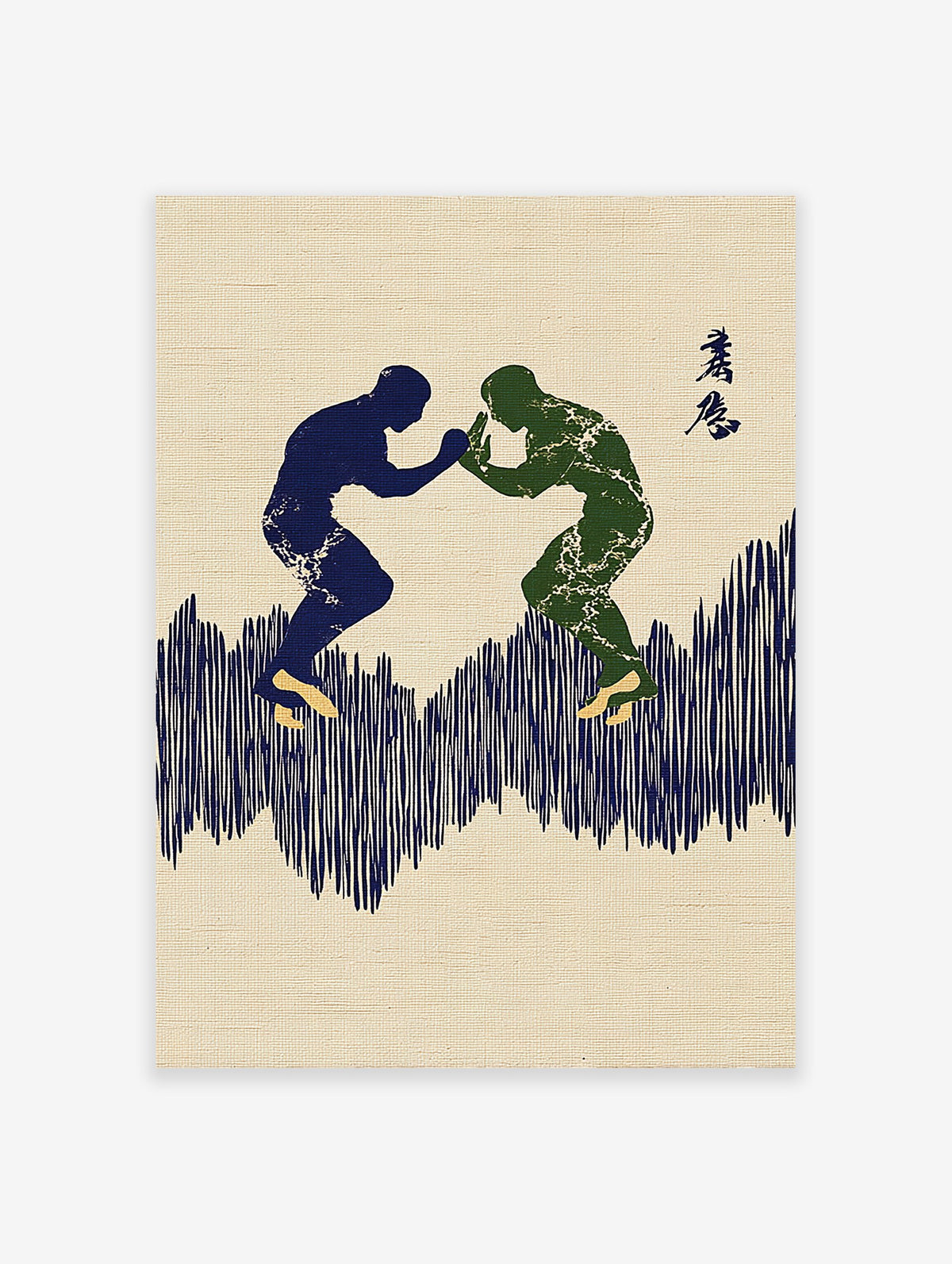 Japanese wall art print of two stylized martial arts wrestlers in blue and green on a beige textured background.
